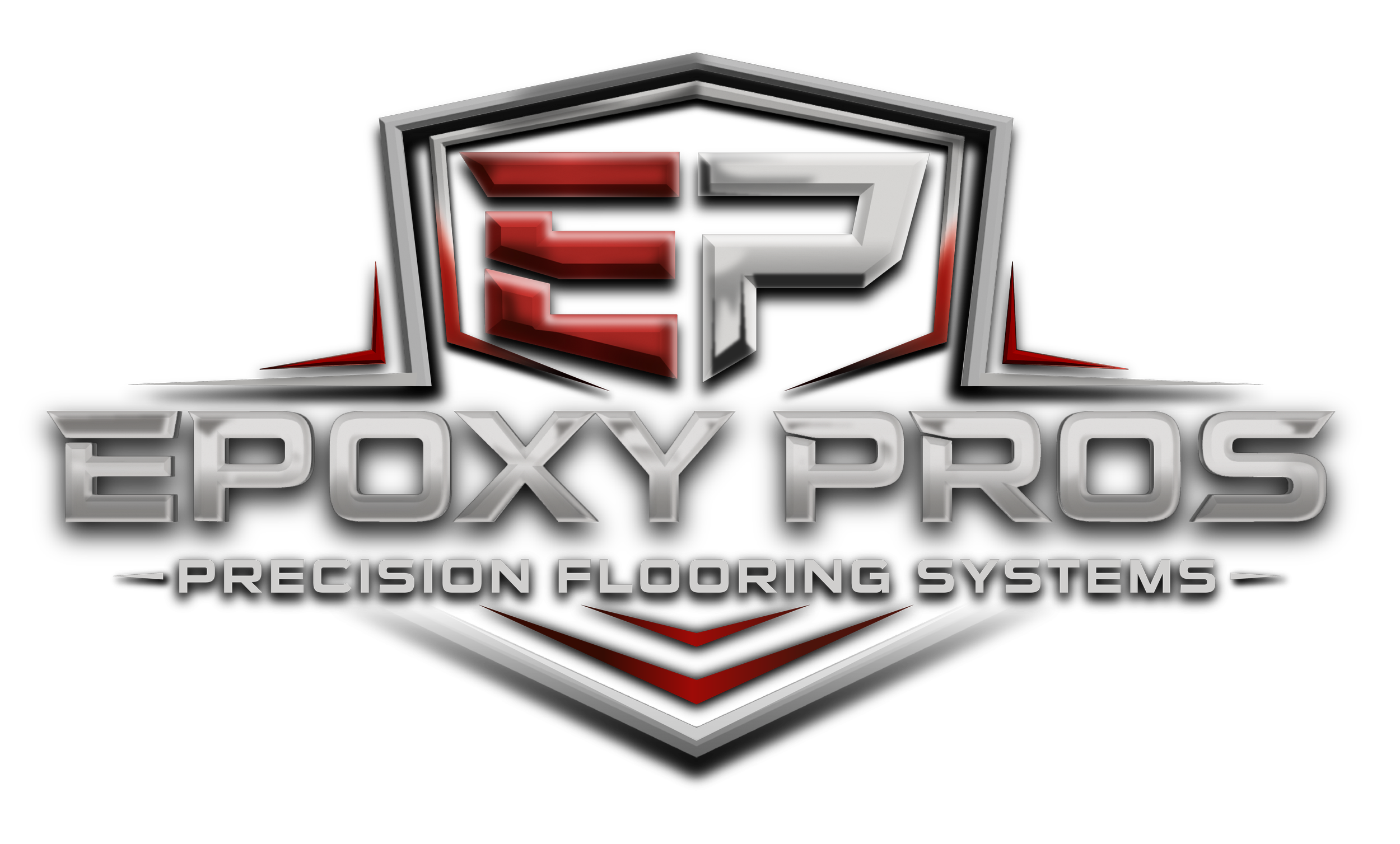 Logo for Epoxy Pros featuring a shield emblem with the letters EP, the text 'Epoxy Pros' and 'Precision Flooring Systems' underneath.