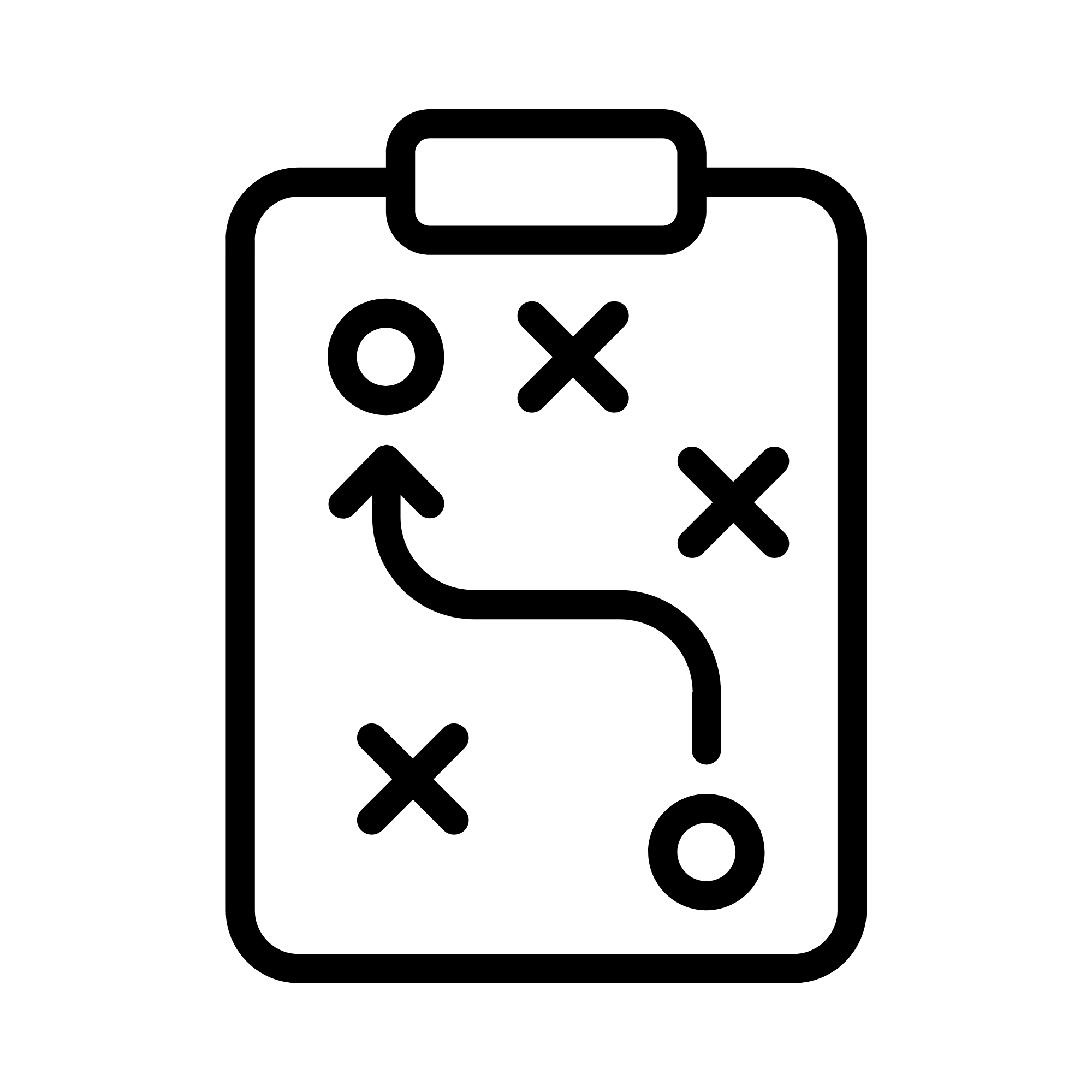 Black outline of a clipboard with a sports strategy diagram, showing circles, X's, and arrows.