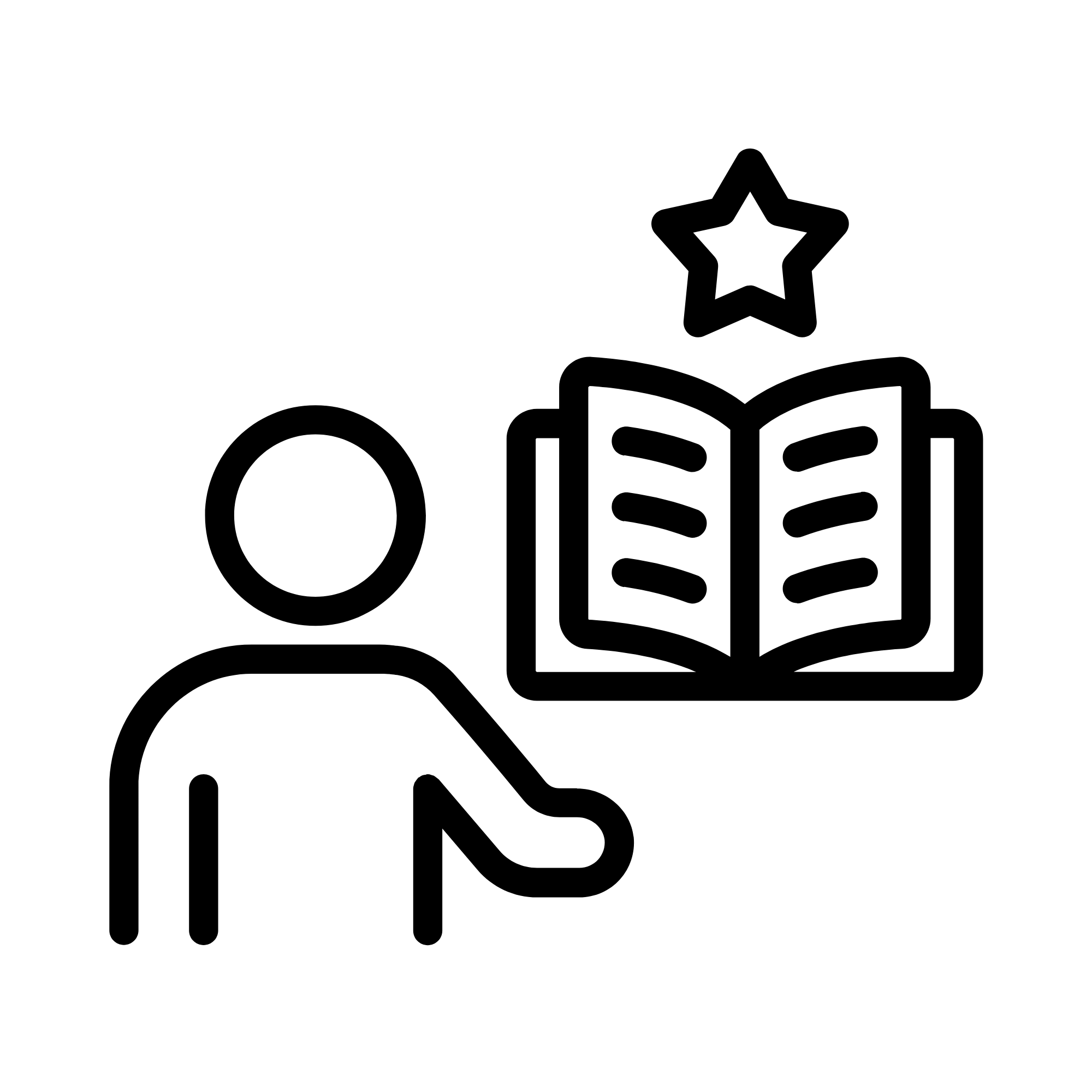Line drawing of a person pointing at an open book with a star above it, representing learning or achievement.