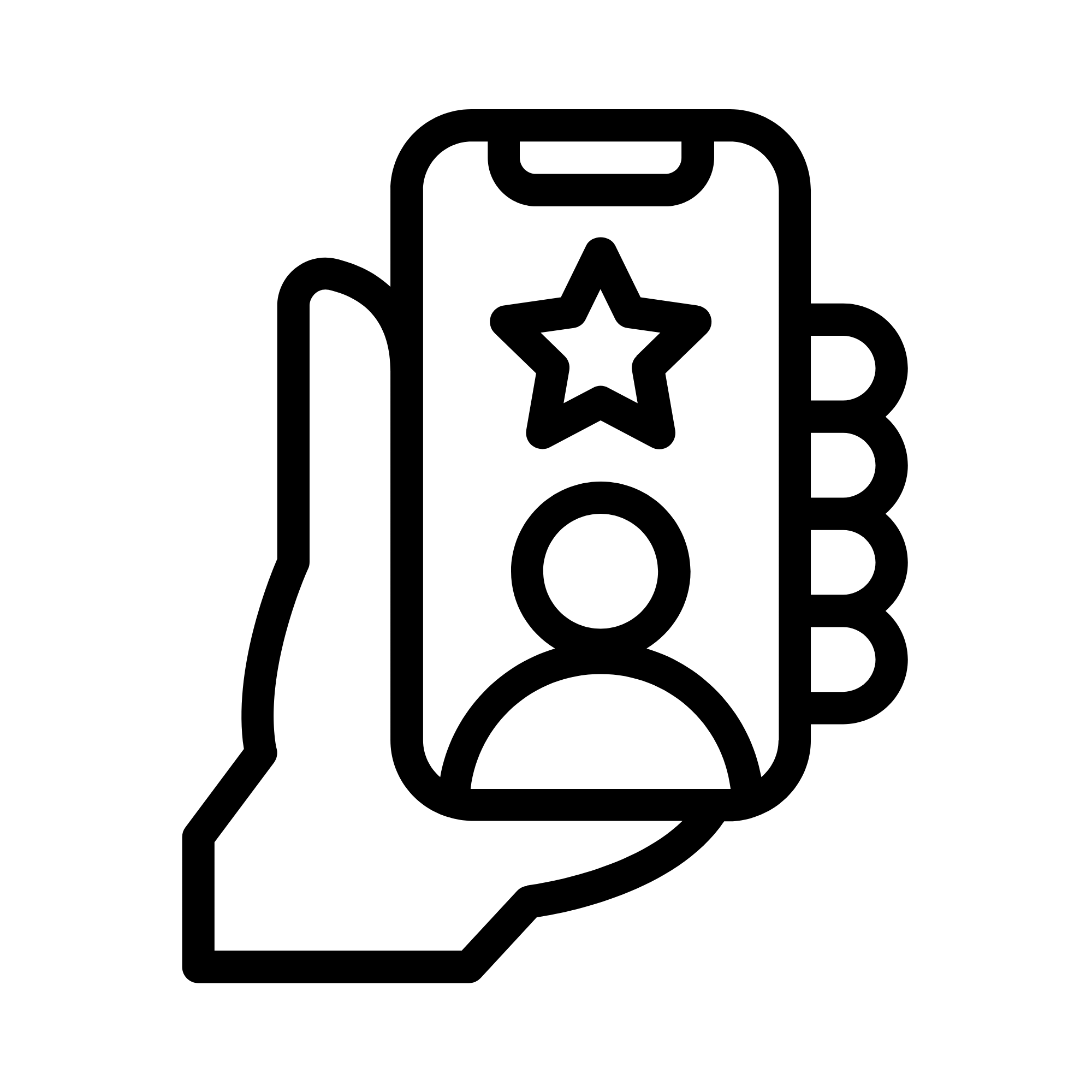 Line drawing of a hand holding a smartphone with displays of a star, a person, and four buttons.
