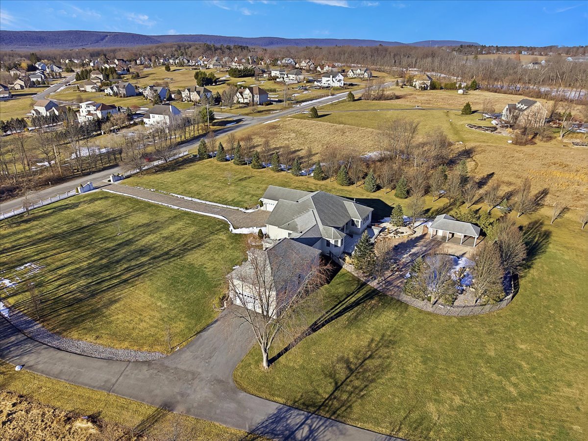 Aerial view of a residential neighborhood with large houses, open lawns, trees, and a park on a sunny day.