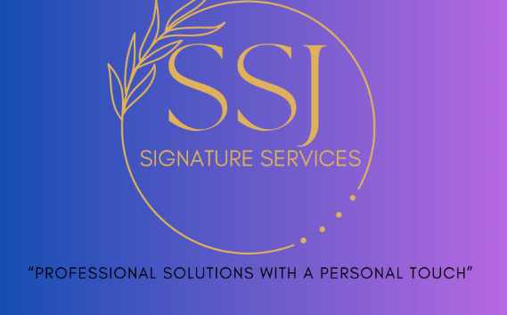 Logo for SSJ Signature Services with a purple and blue gradient background, gold text, and decorative leaf elements.