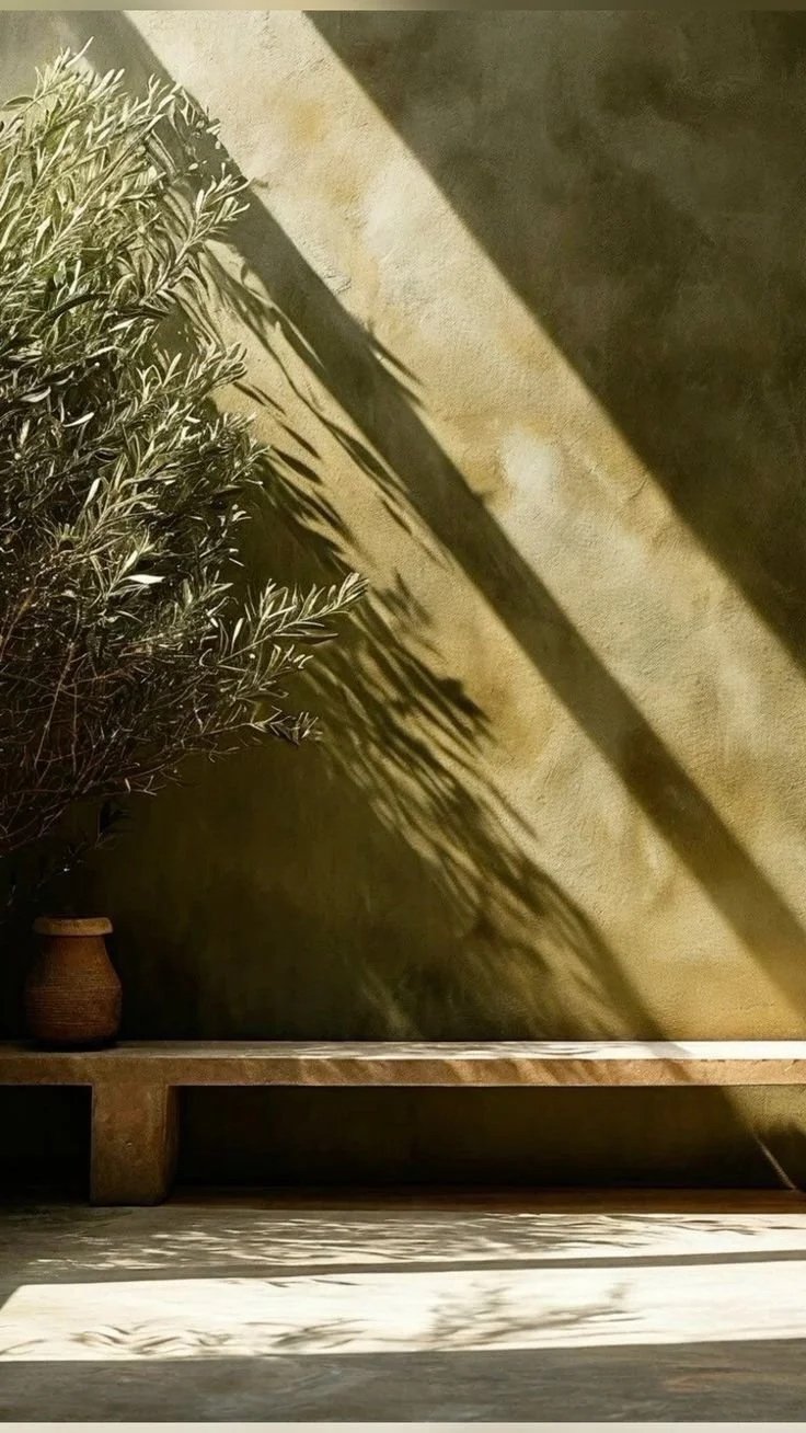 Shadows of a plant cast on a beige wall and floor next to a wooden table with a potted plant on it.