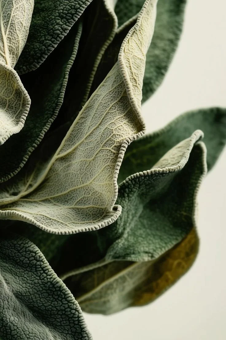 Close-up of textured green and cream-colored leaves with prominent veining.