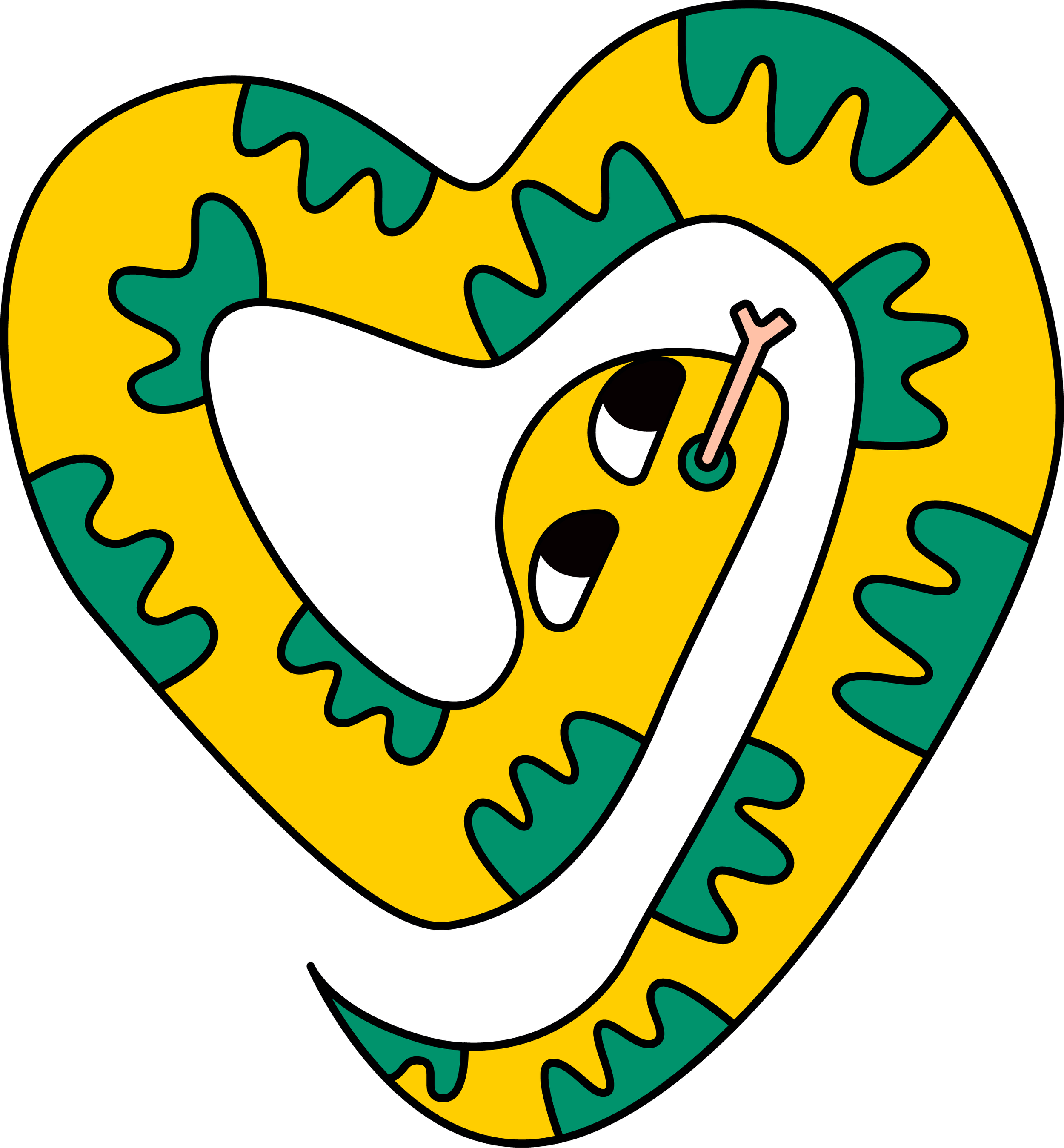A colorful, stylized illustration of a snake coiled in a circular shape with a yellow body, green accents, and a cartoonish face.