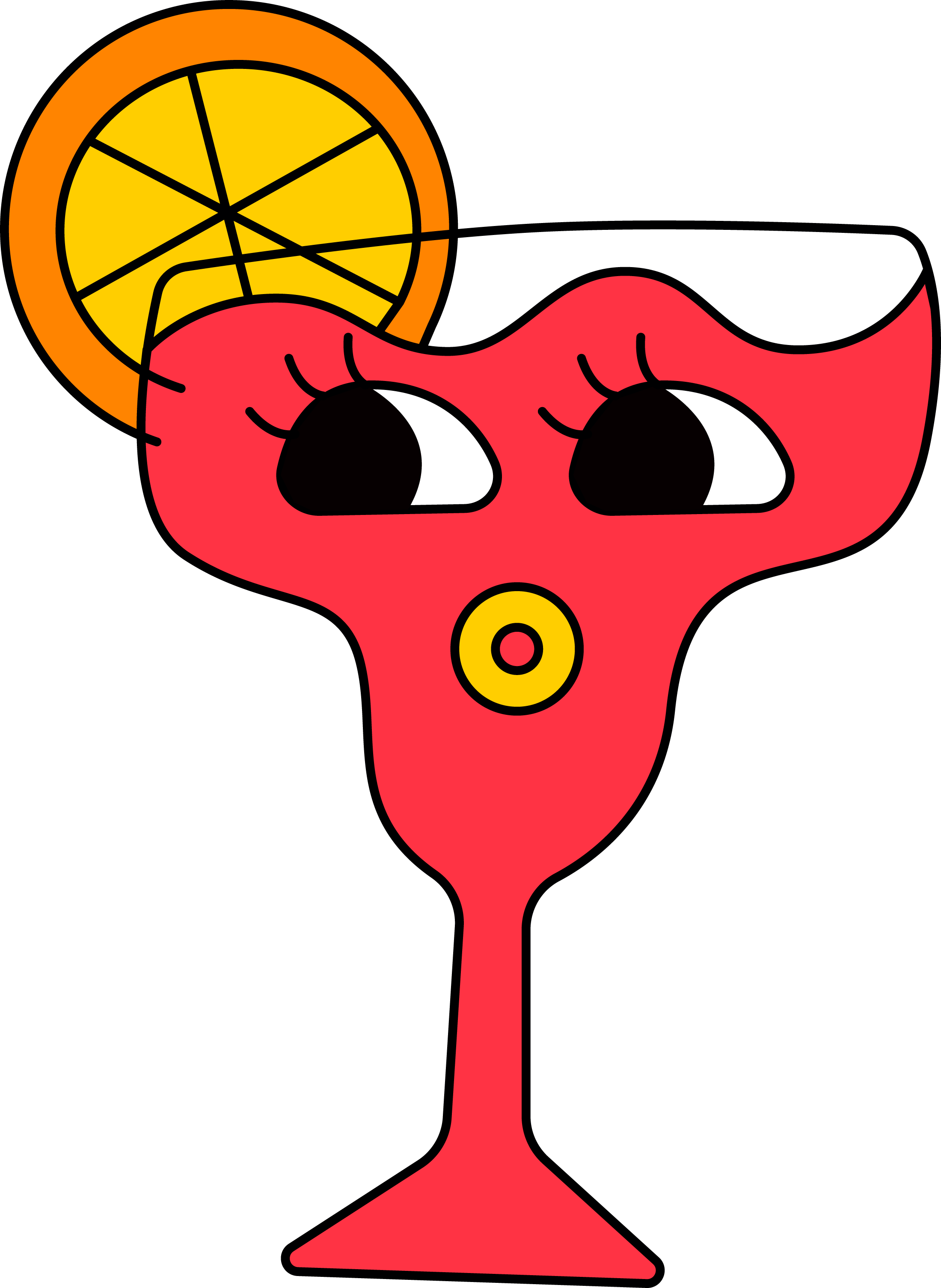 Cartoon illustration of a sliced lemon, a glass of red wine, and a cheese wedge.
