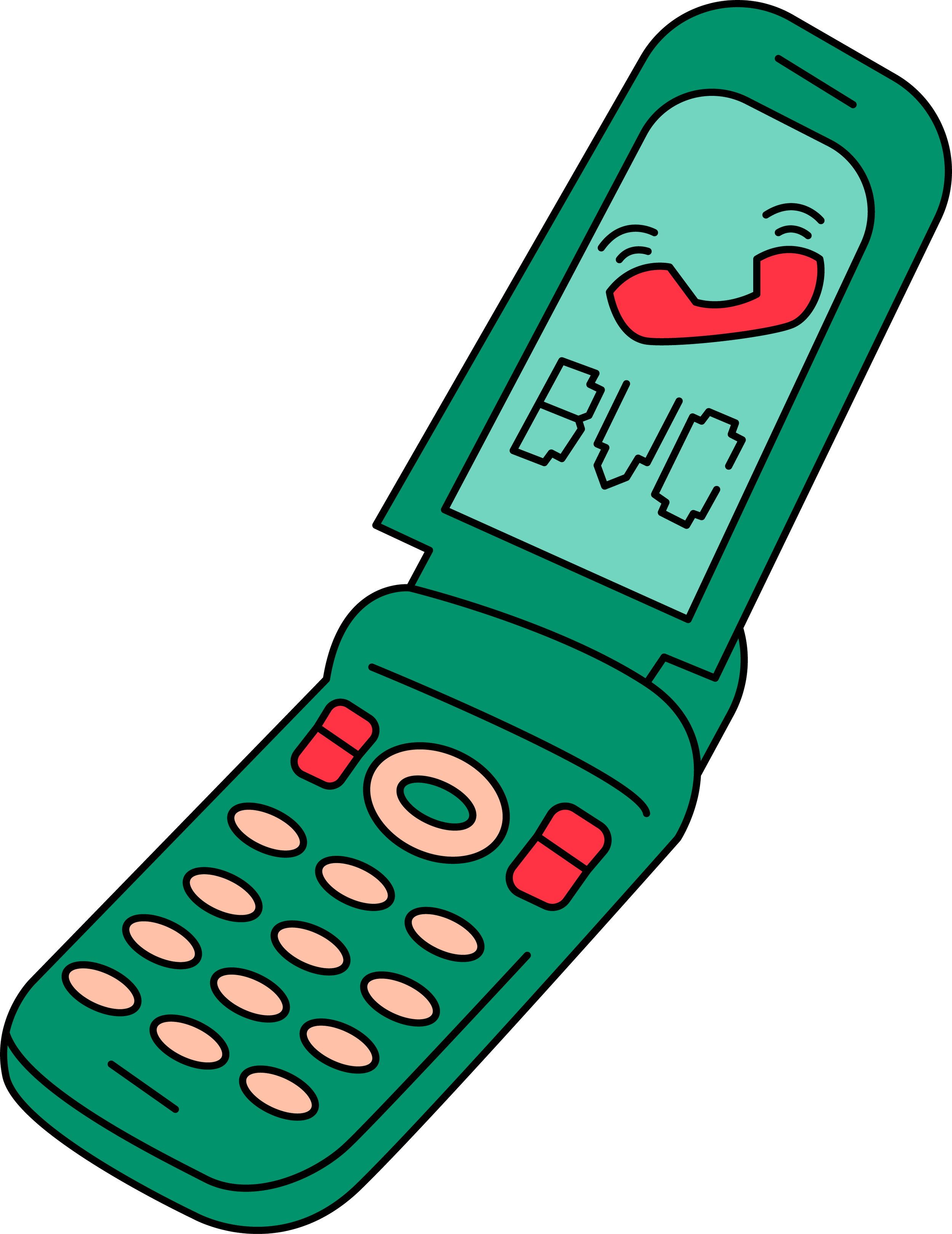 Illustration of a green remote control with a smiling face, red buttons, and a digital display showing the word "BUY."