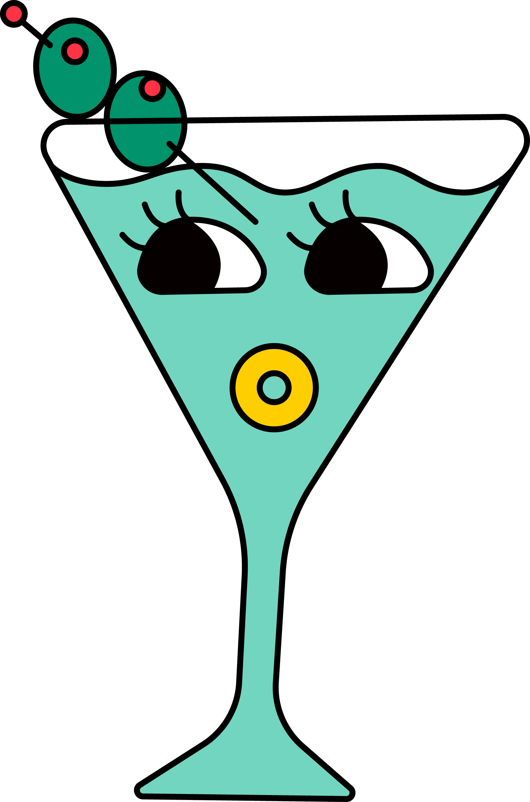 Abstract illustration of a martini glass with green liquid, black olives, and an olive stem, in a minimalistic, modern style.