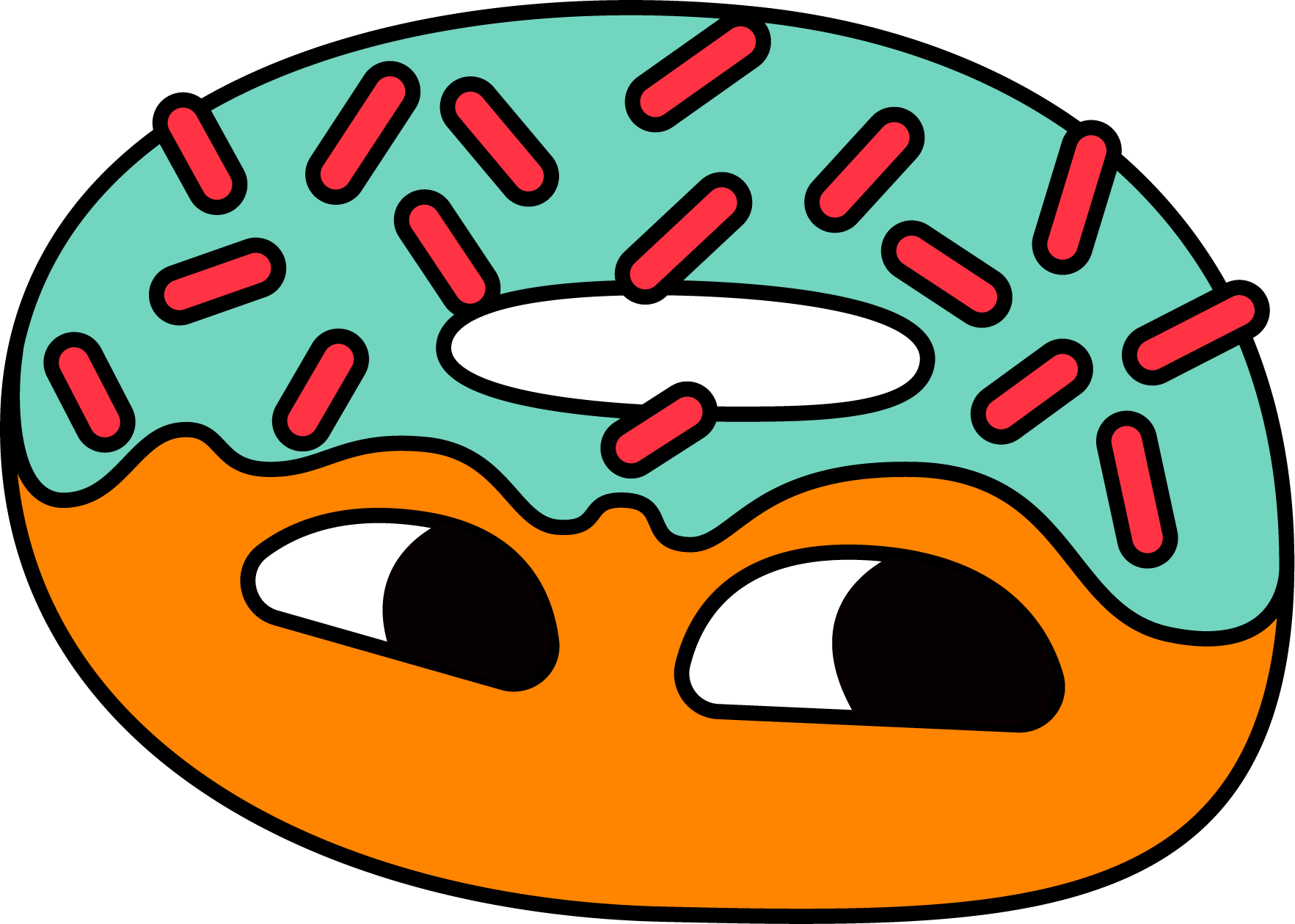 Cartoon image of a doughnut with teal icing and pink sprinkles, decorated as a face with two black and white eyes and a small smile.