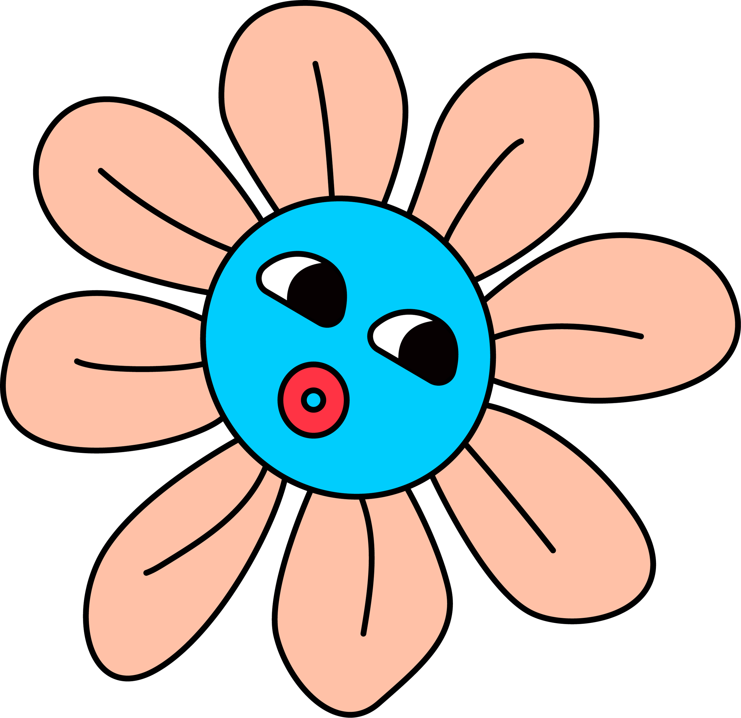 A cartoon drawing of a blue ladybug with large black and white eyes and an expression of surprise or curiosity, on a black background.