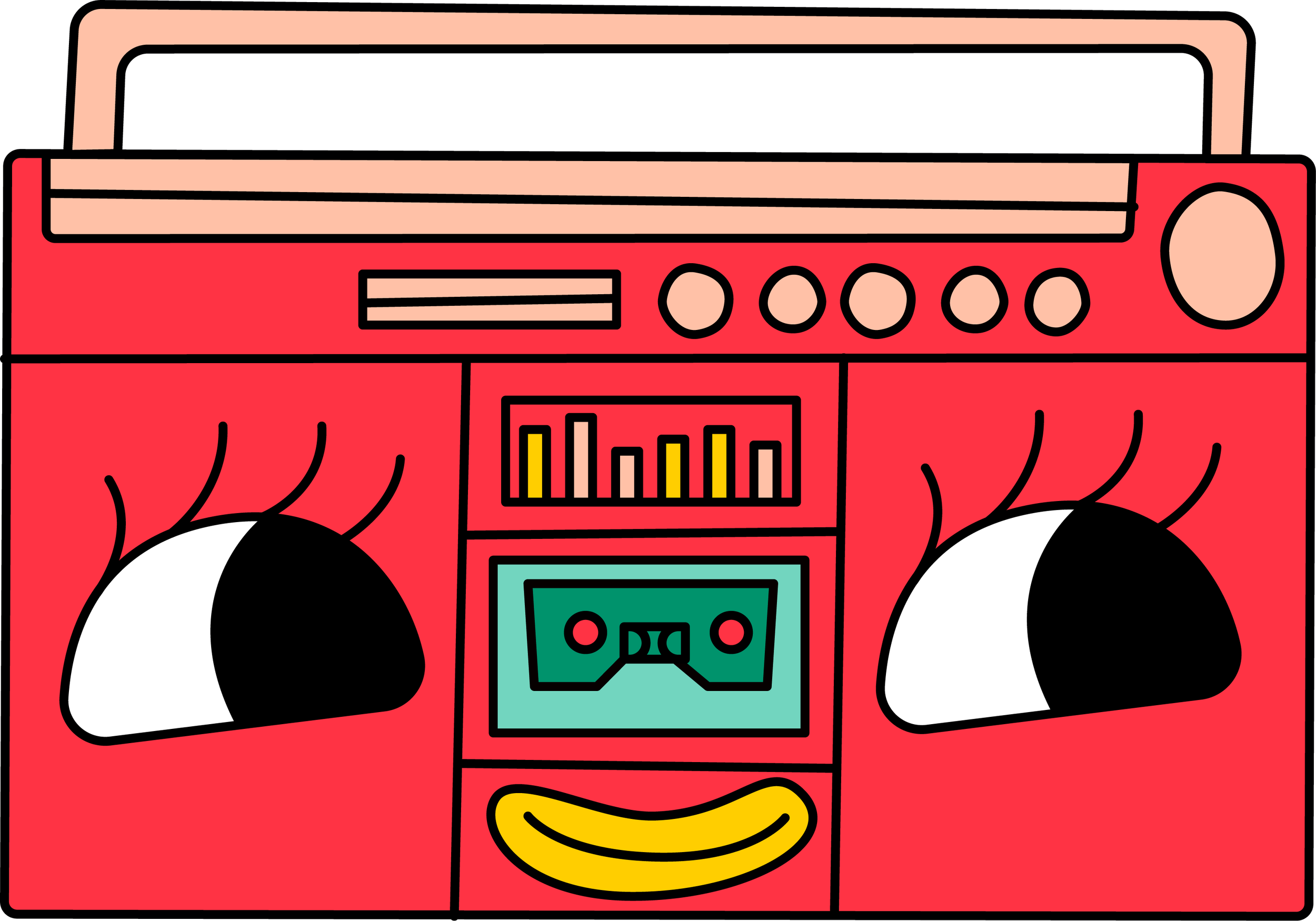 Digital illustration of a red boombox stereo with black speakers, control buttons, a cassette tape deck, and a yellow curved line design.