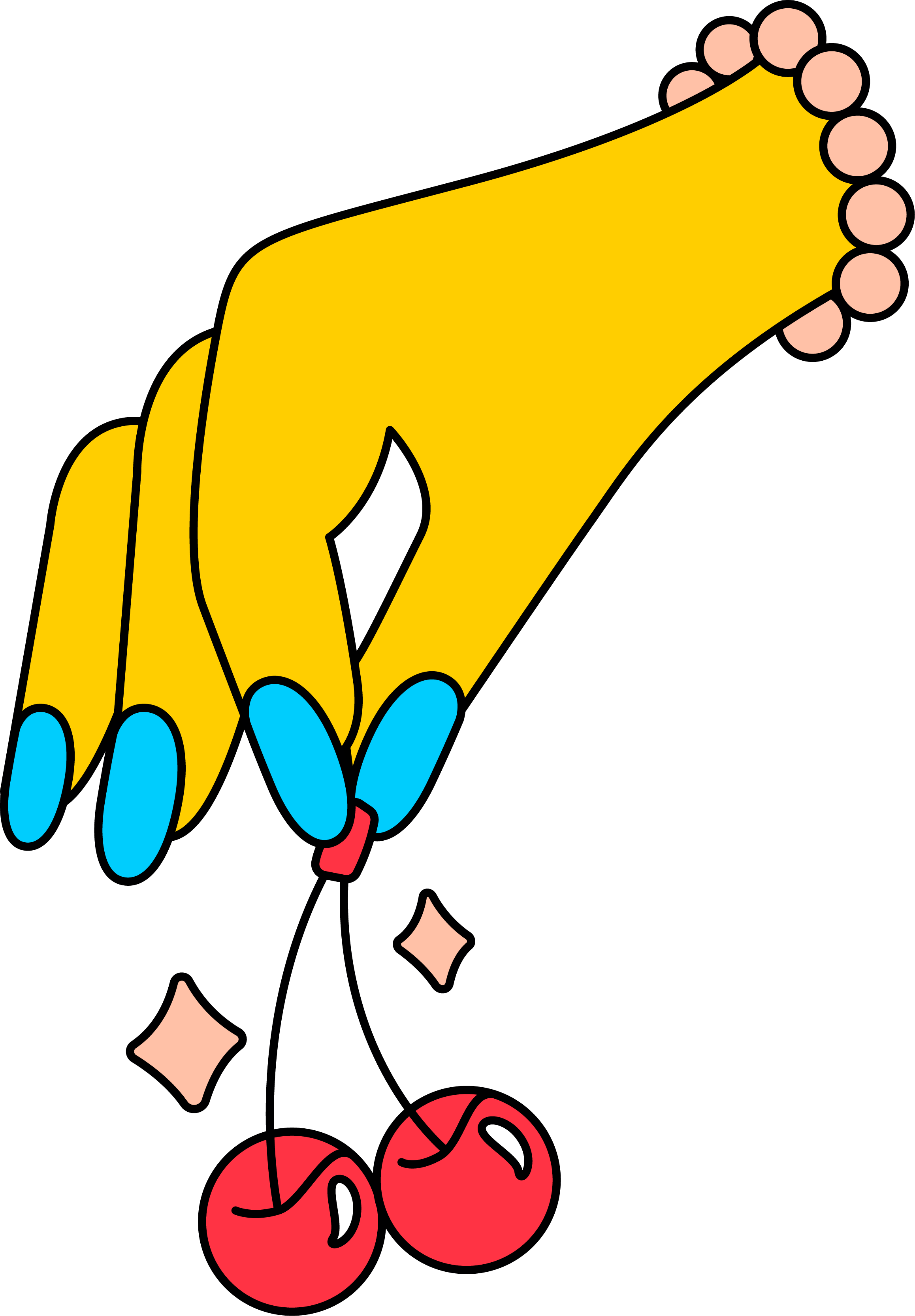 Illustration of a hand with bracelets and hanging gemstones, with red tomatoes at the bottom.