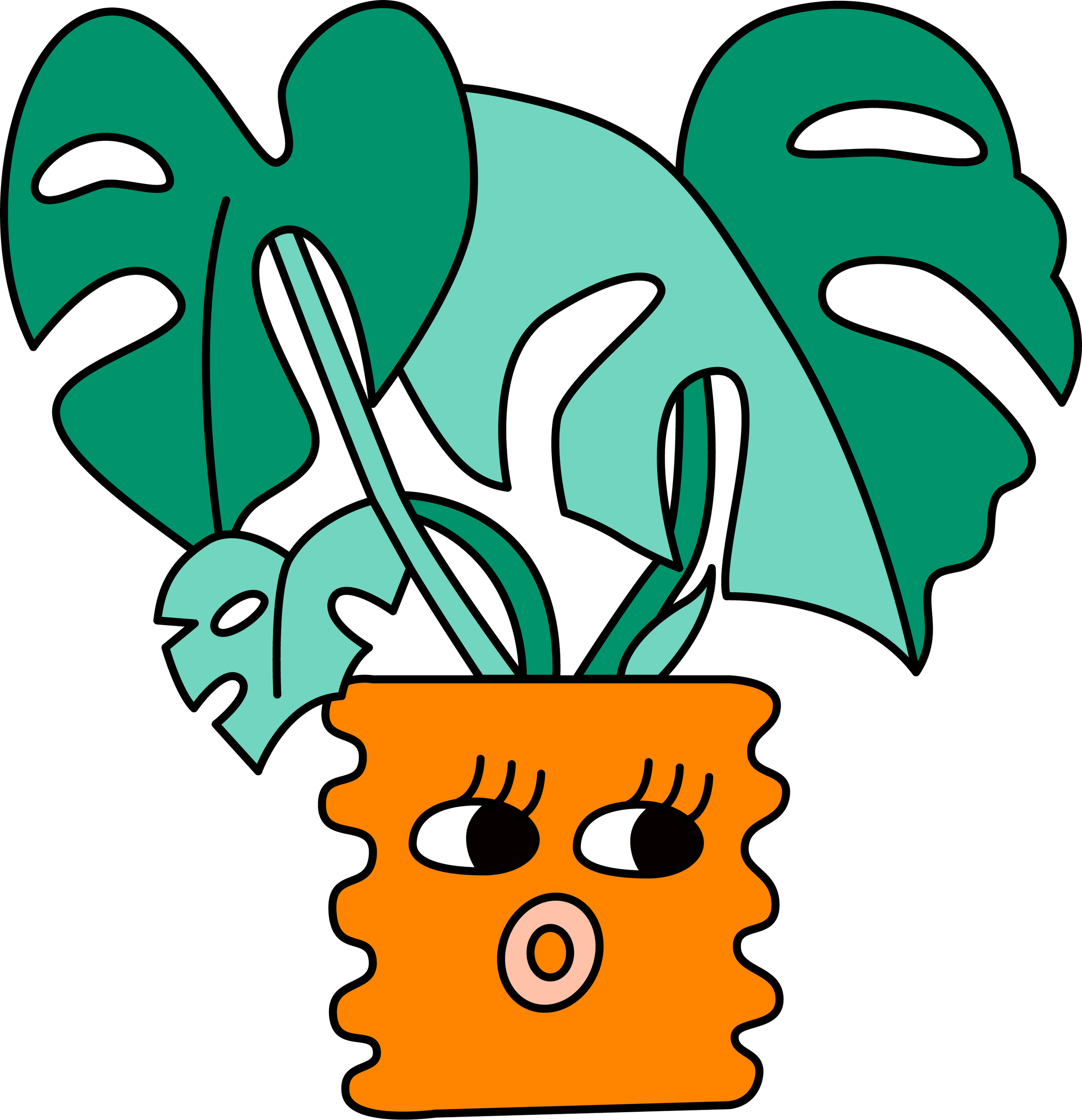 Cartoon image of a potted Monstera plant with large, split leaves.
