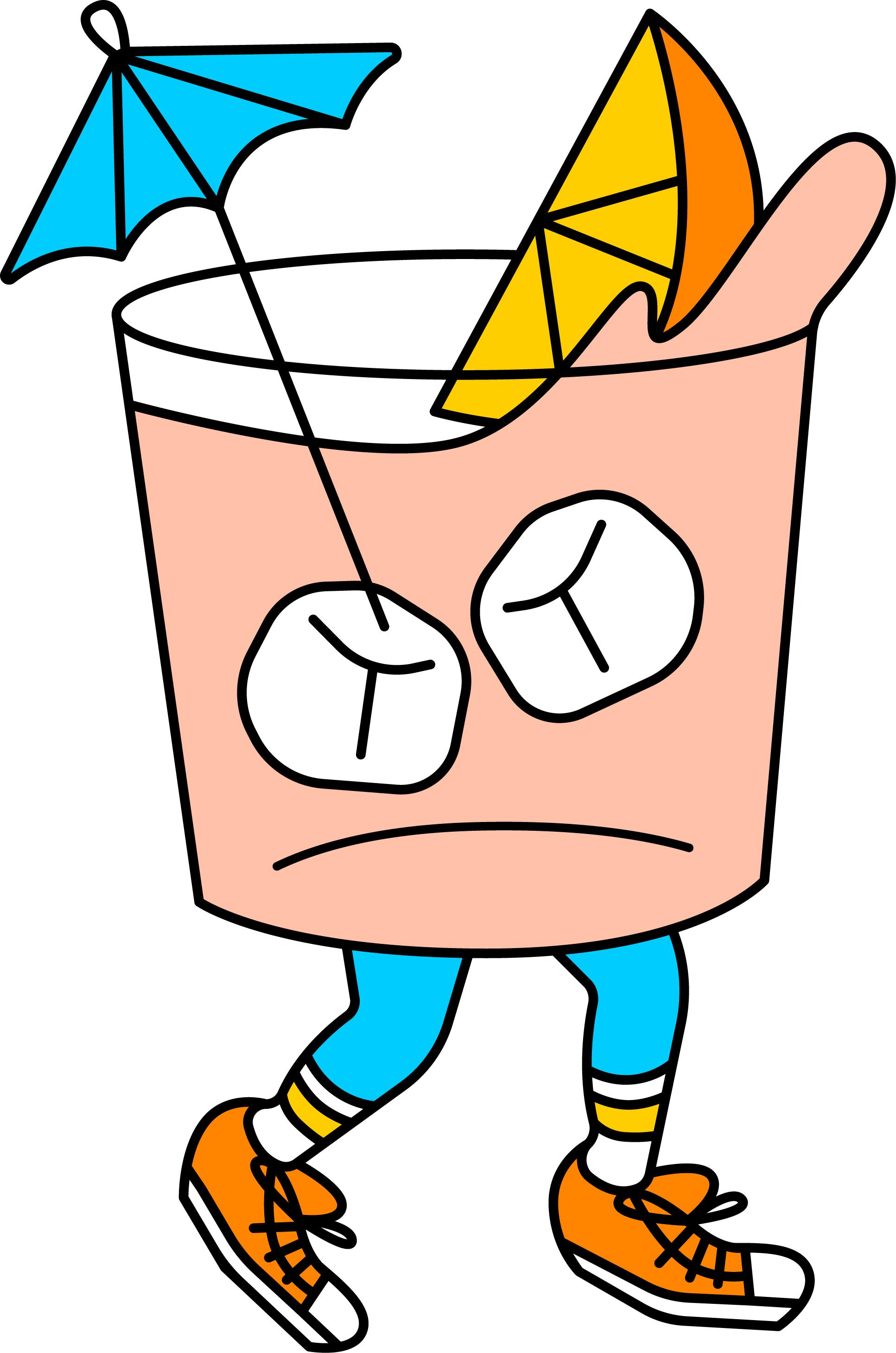 A cartoon character of a person with a large square head wearing a white shirt, blue shorts, orange shoes, and blue socks. They have two ice cubes as hands, a blue umbrella, and slices of lemon and orange as accessories. The background is black.