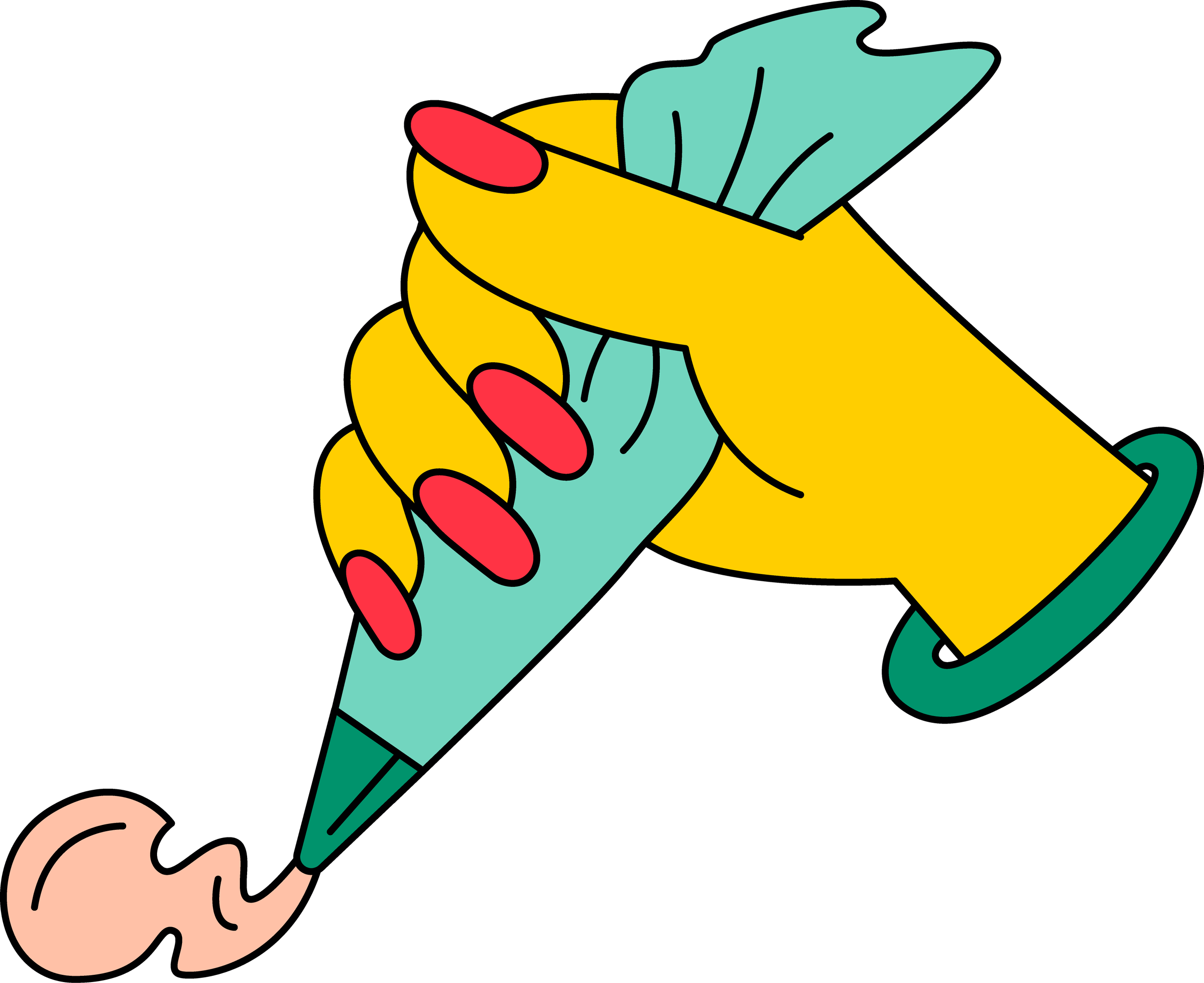Cartoon illustration of a hand holding a stylized pencil with a yellow body, blue and green details, and a red tip, drawing a curved line.