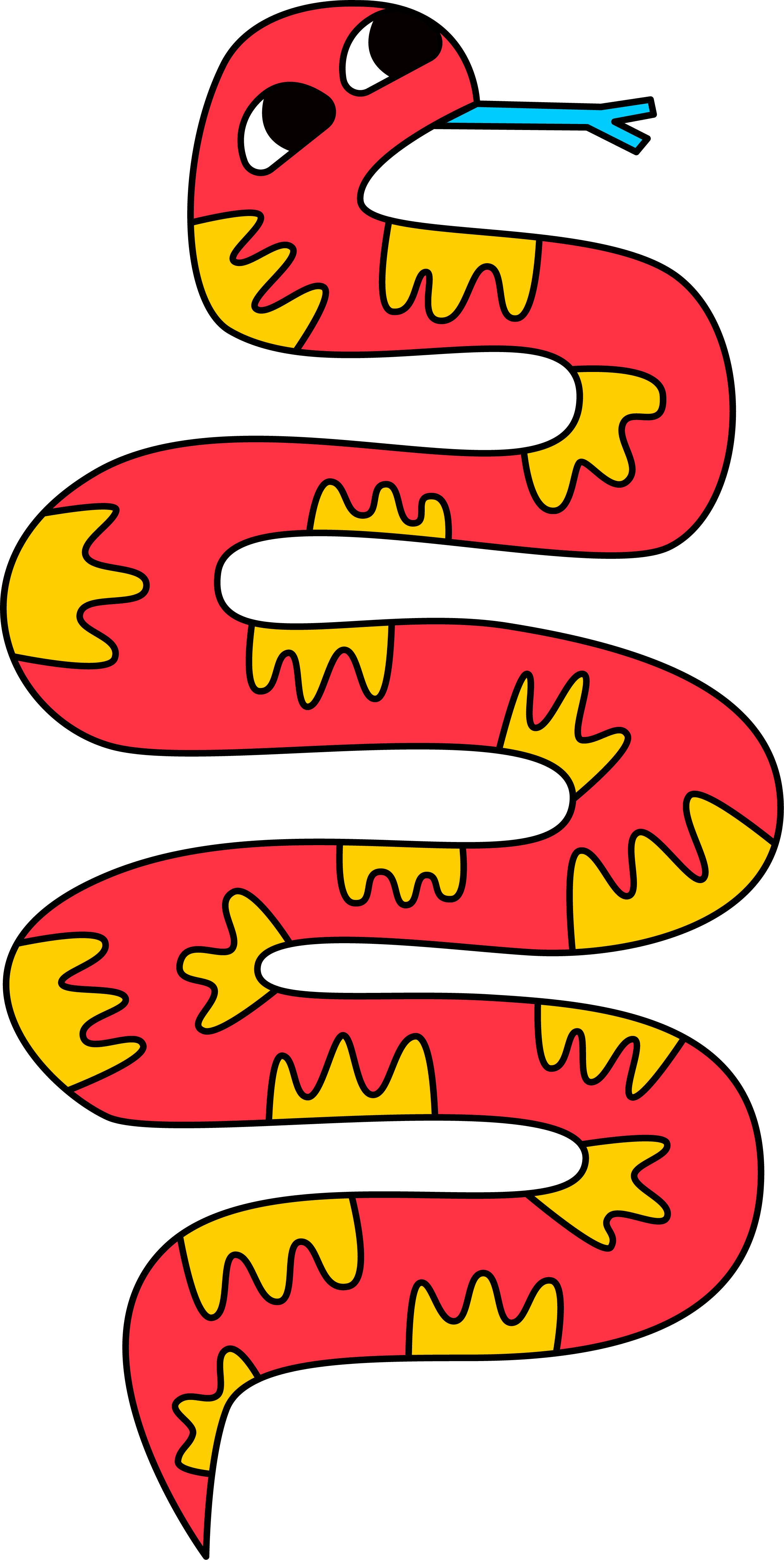 Colorful illustrated snake with black alternating sections, yellow patches, and big eyes with black pupils on a black background.
