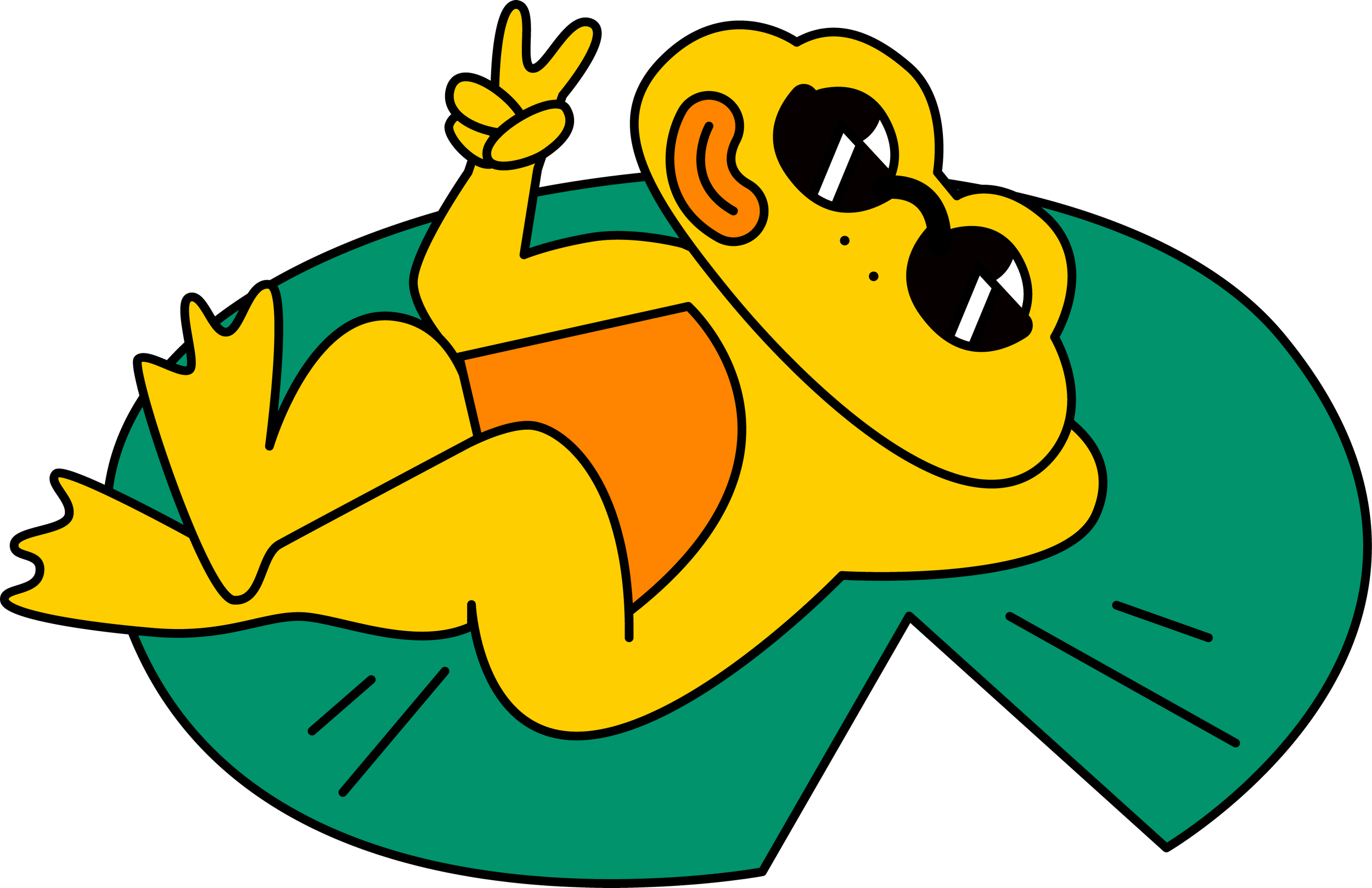 Cartoon yellow dinosaur lying on a green leaf, wearing sunglasses and an orange tank top, making a peace sign with one hand.