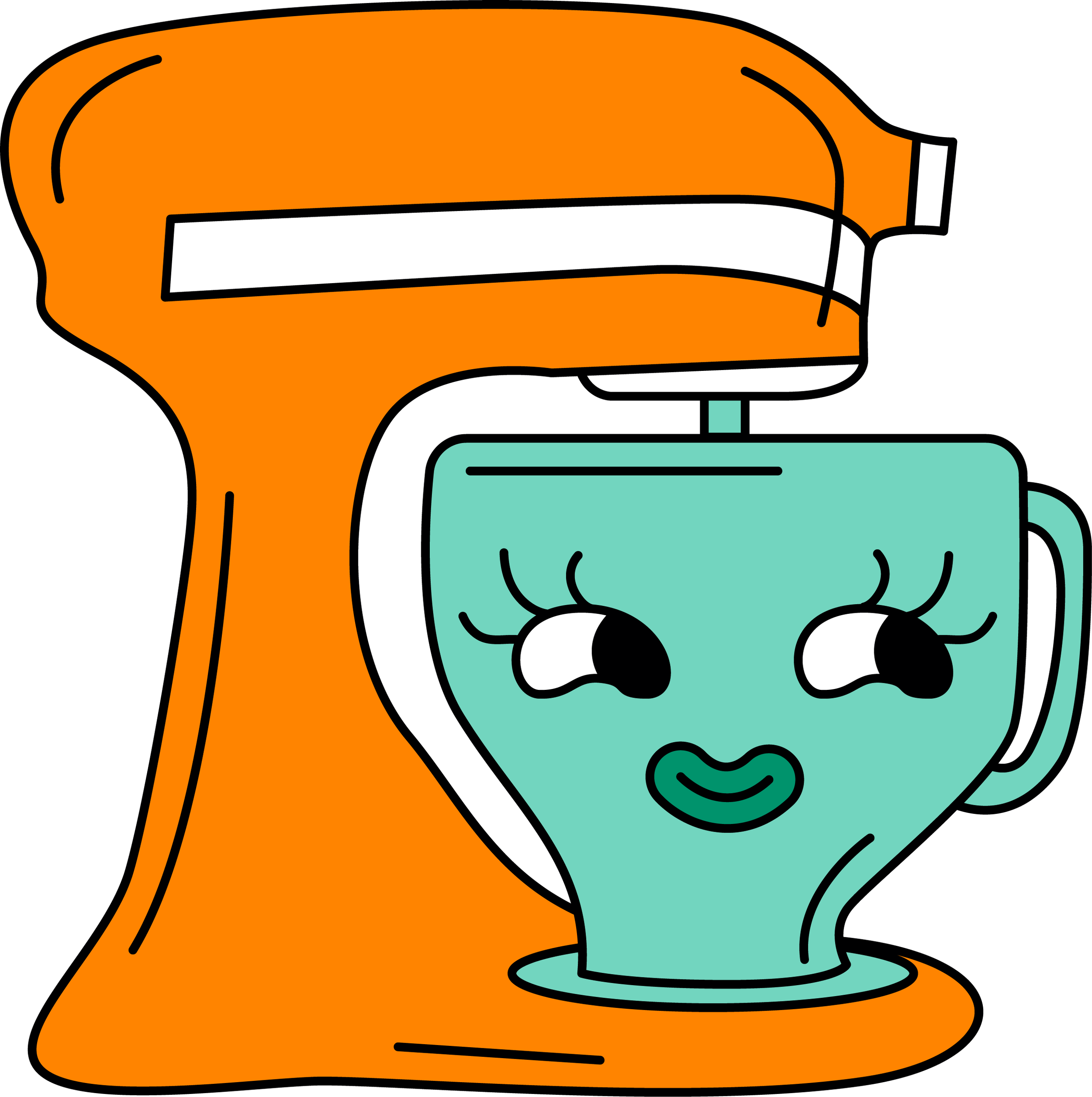 A digital illustration of a nutrition label scanner, with an orange handheld device approaching a teal nutrition label, set against a black background.