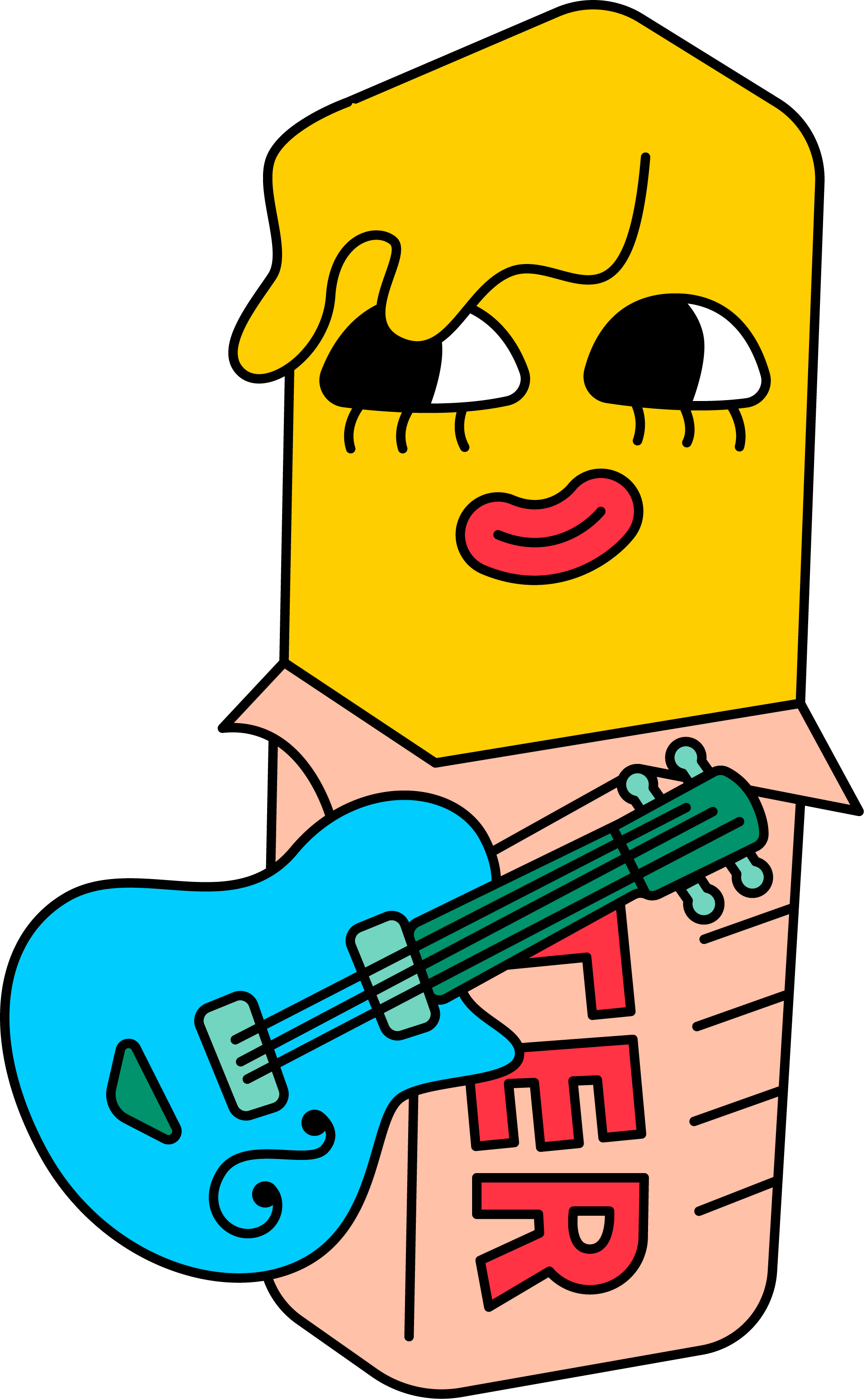 Cartoon character with a yellow box head, playing an electric guitar, with the word 'FEAR' in red letters on his chest.