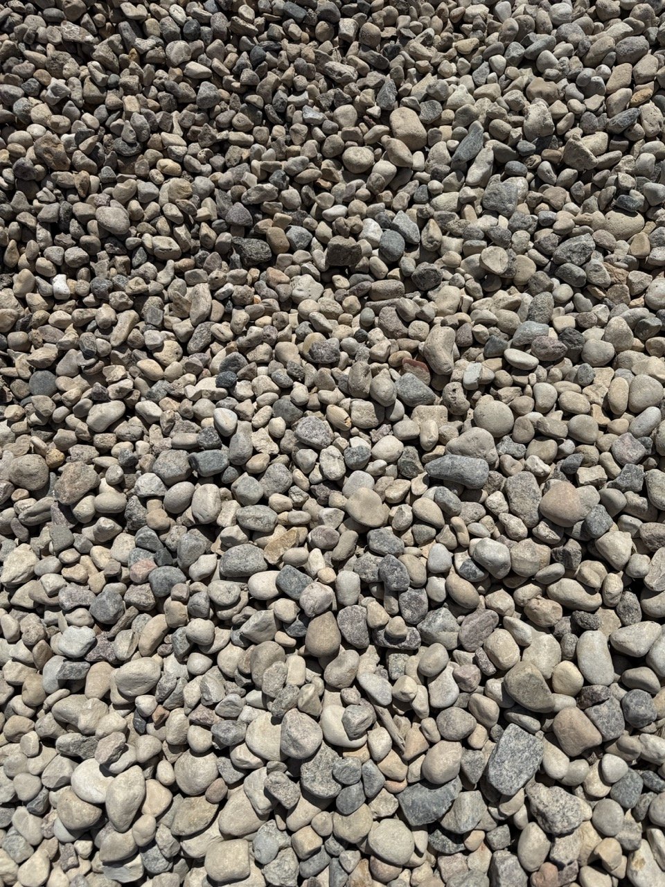 Close-up of a large collection of small, rounded pebbles and stones in various shades of gray, beige, and light brown.