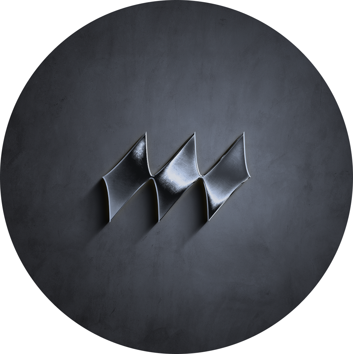 A metallic logo resembling an 'M' with sharp, pointed edges, mounted on a dark, smooth surface.