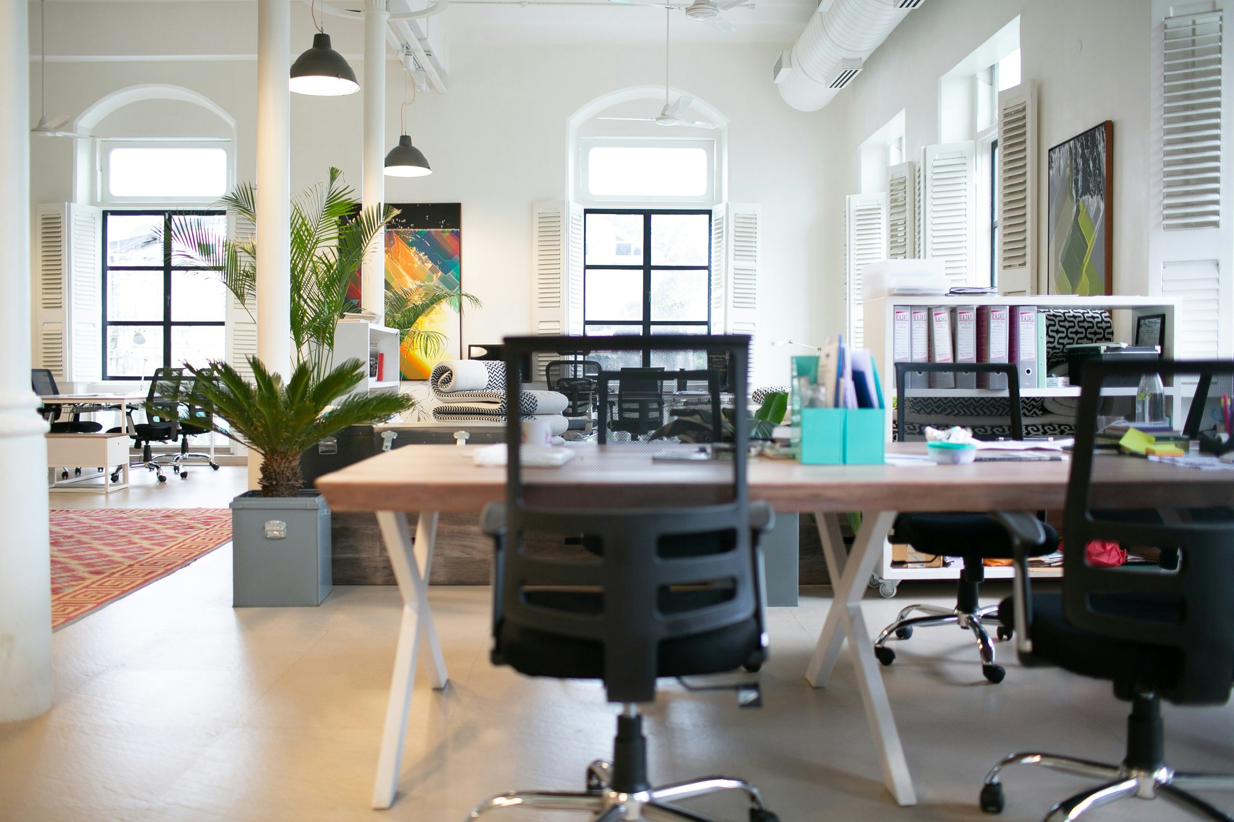 Bright office space with large windows