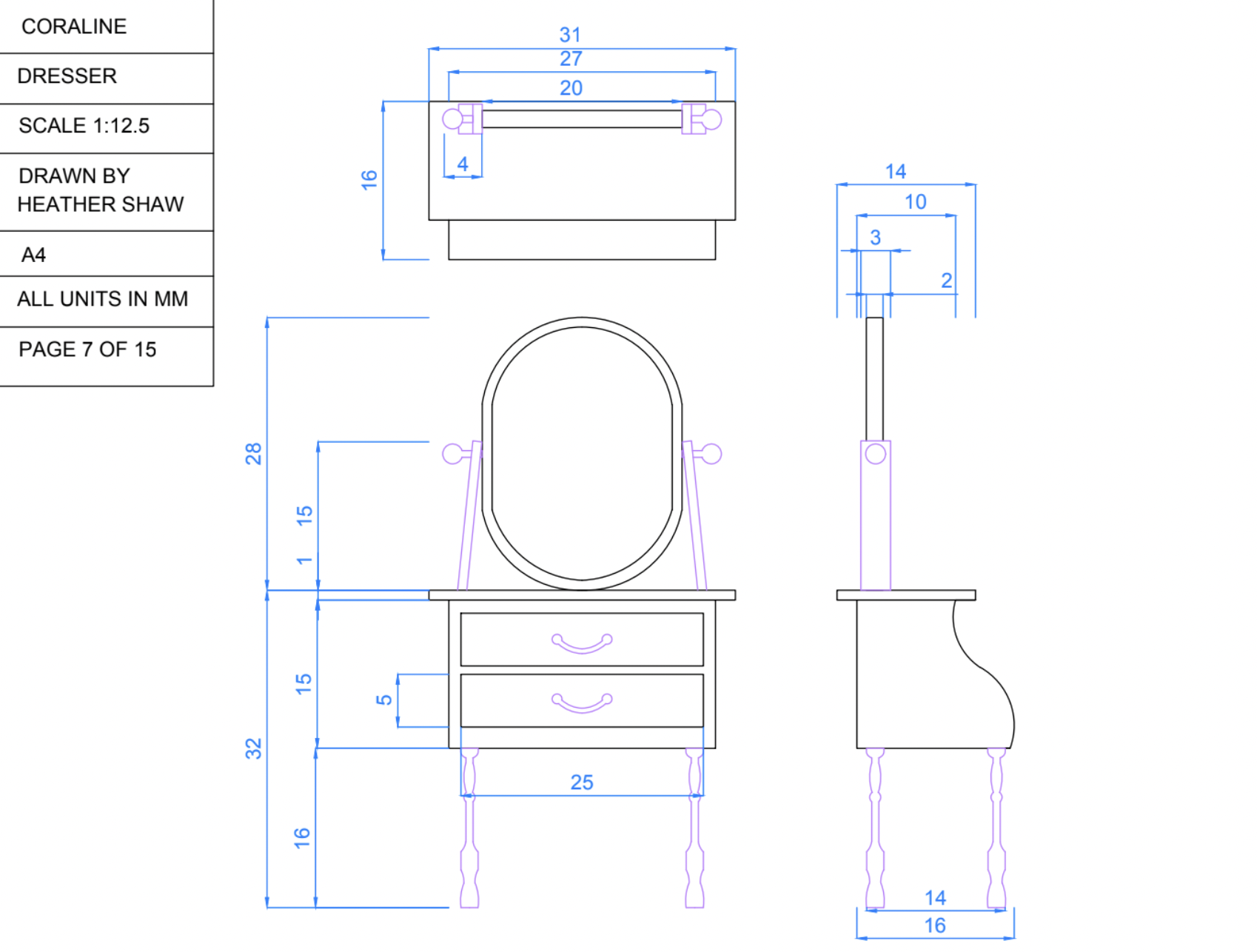 Technical Drawings for Coraline's Bedroom