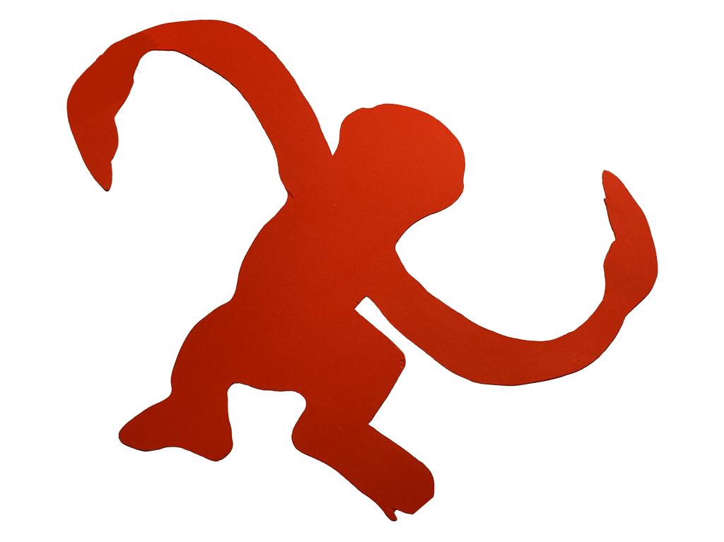 Red lizard-shaped object with a curved tail and distinct limbs.