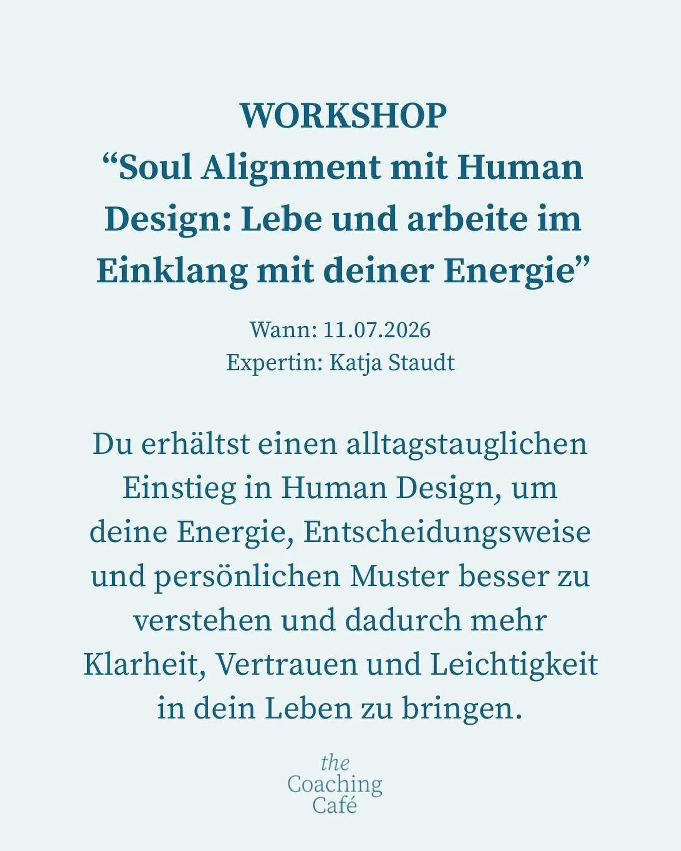 Katja nimmt euch am Samstag, 11.07. mit auf die Reise ins Human Design 🤩 

Aktiviere deine wahre Superpower und lebe ein Leben voller Leichtigkeit und in deiner ganz eigenen Energie! In diesem inspirierenden Human-Design-Workshop erwartet dich ein v