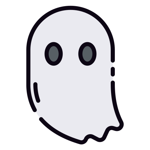 A cartoon illustration of a ghost with a white sheet, black eyes, and a black background.