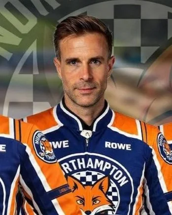 Niels-Kristian Iversen, Northampton Foxes Rider, portrait shot in Northampton Foxes Race Suit