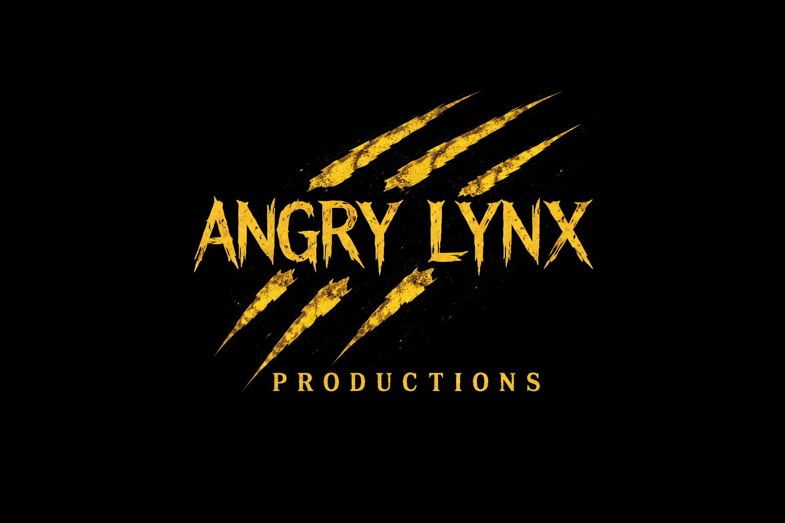 Black background with the text 'ANGRY LYNX PRODUCTIONS' in yellow, stylized font. Three yellow claw marks above the text and three below.