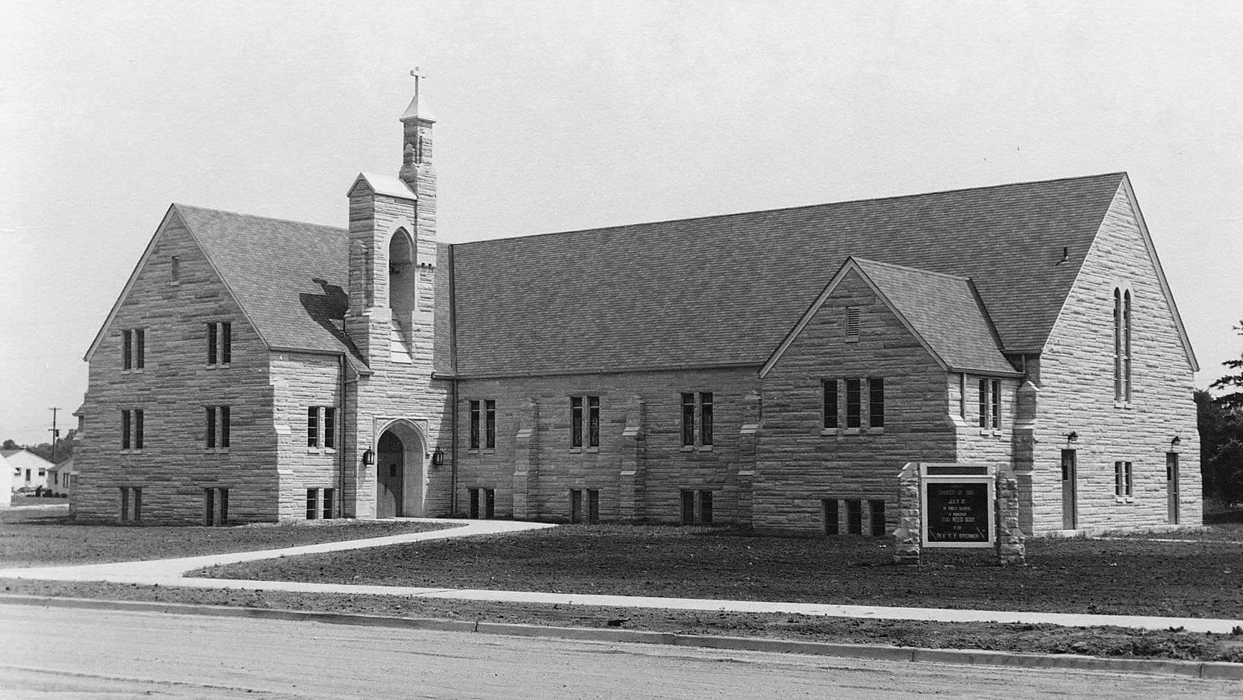 Pennway Church of God black-and-white photo from corner of Alpha & Cavanaugh
