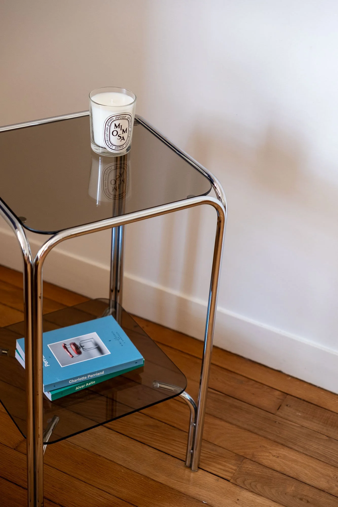 Table d'appoint en chrome et verre fumé - Design années 70
