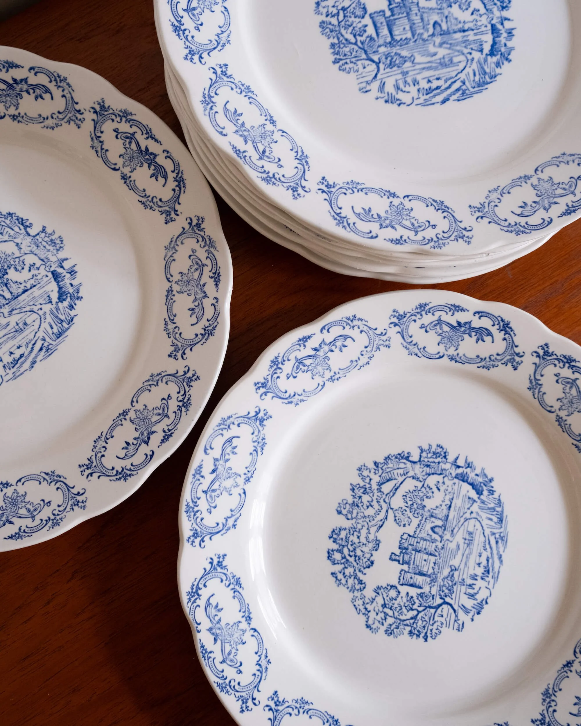 vue de haut sur ces assiettes plates modèle château de la faïencerie de Saint-Amand du début du XXème siècle