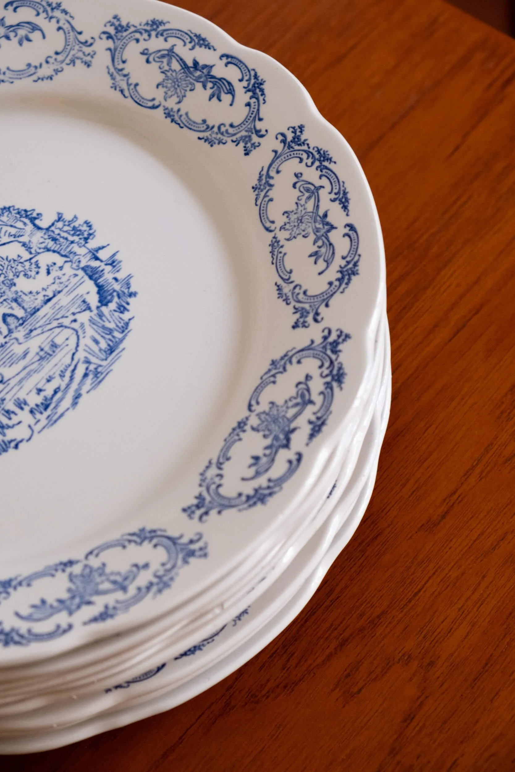 zoom sur le décor de ces assiettes plates modèle château de la faïencerie de Saint-Amand du début du XXème siècle