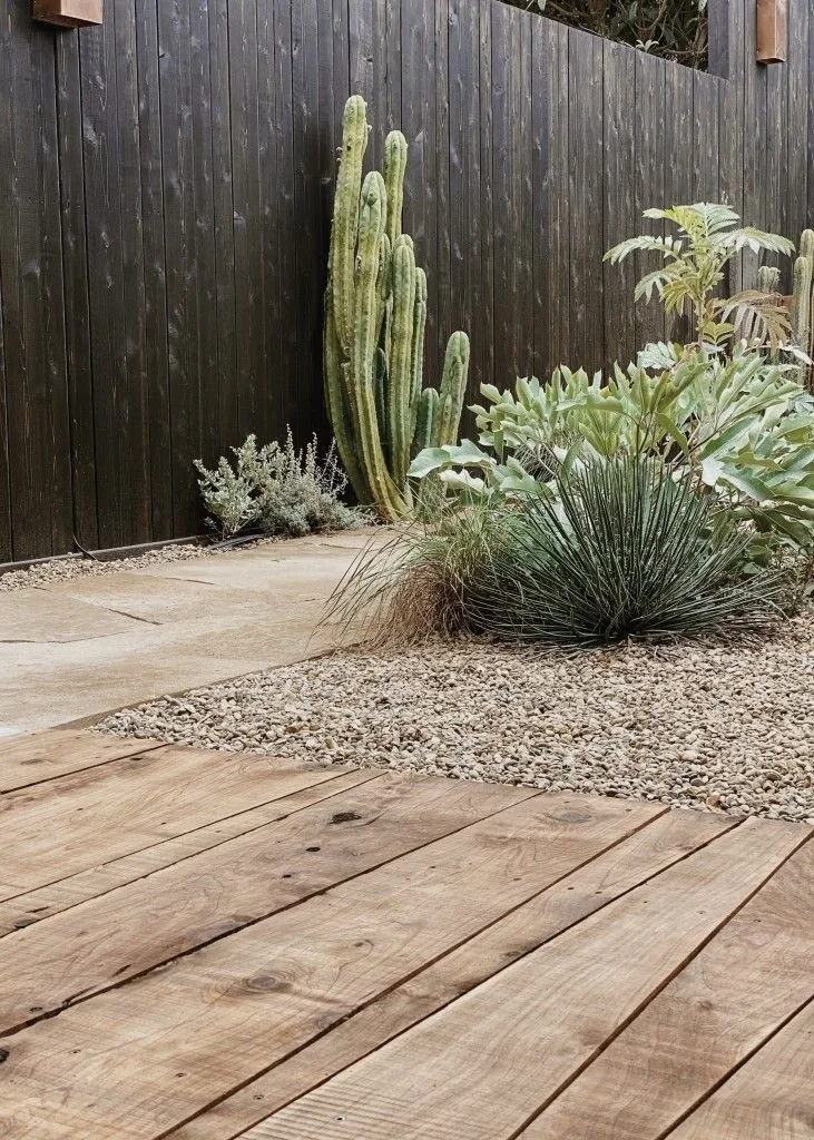 Desert backyard with a wooden deck, gravel ground, and various cacti and succulents next to a dark wooden fence.