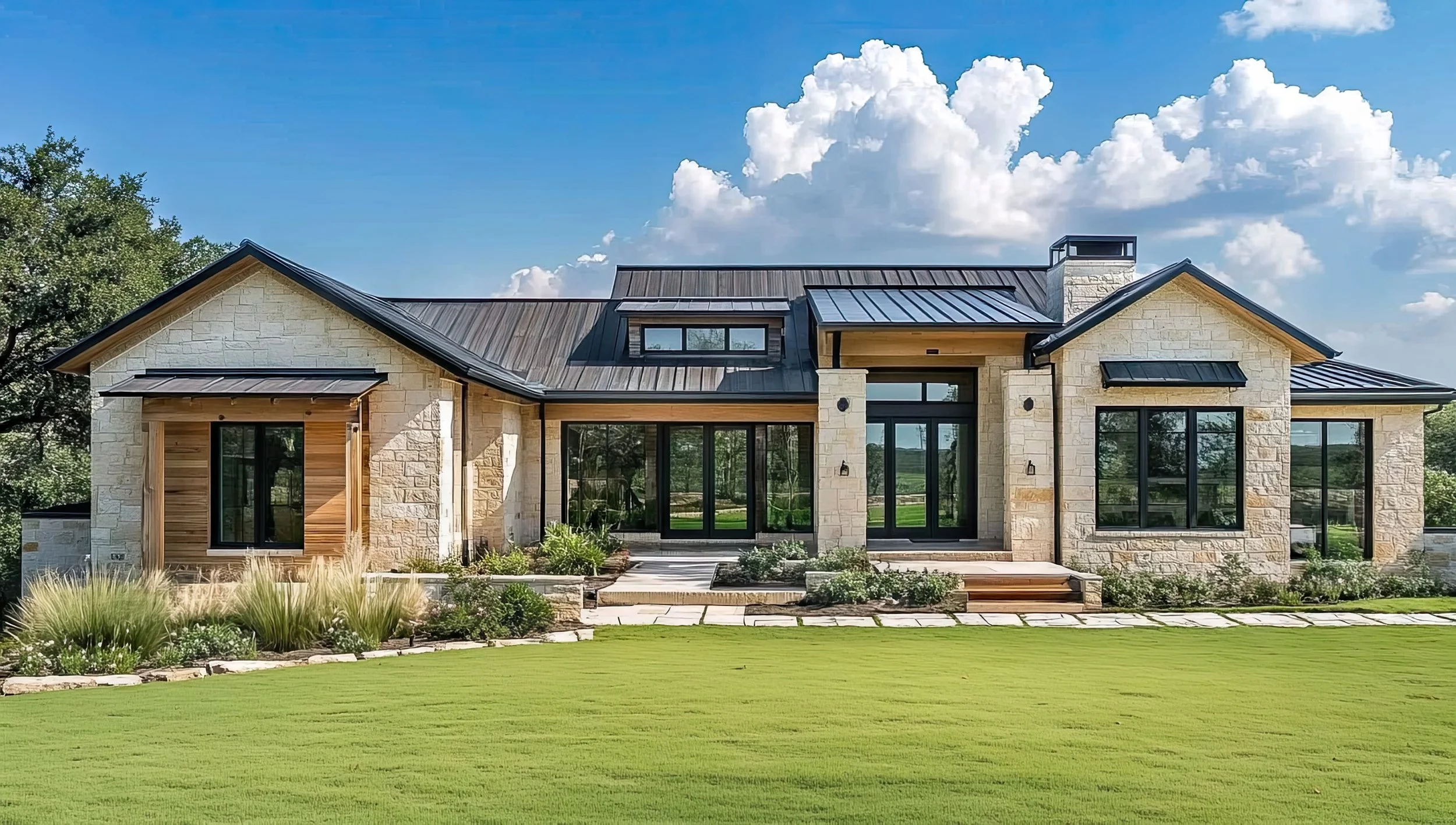 Modern house with stone and wood exterior, large windows, surrounded by a well-maintained lawn and landscaping, under a partly cloudy sky.