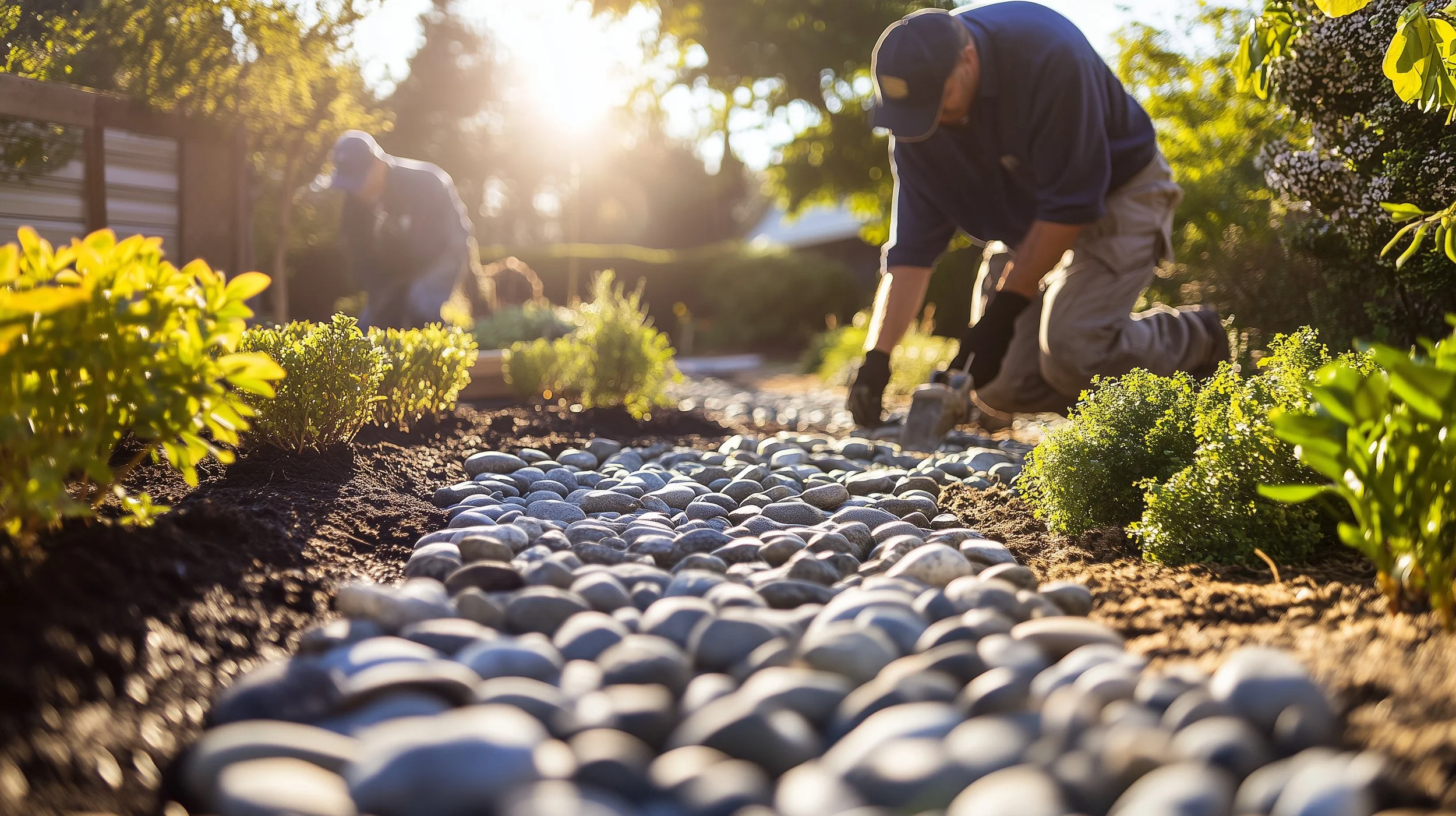 Two people working on a garden pathway with smooth stones, surrounded by green plants, during sunset.
