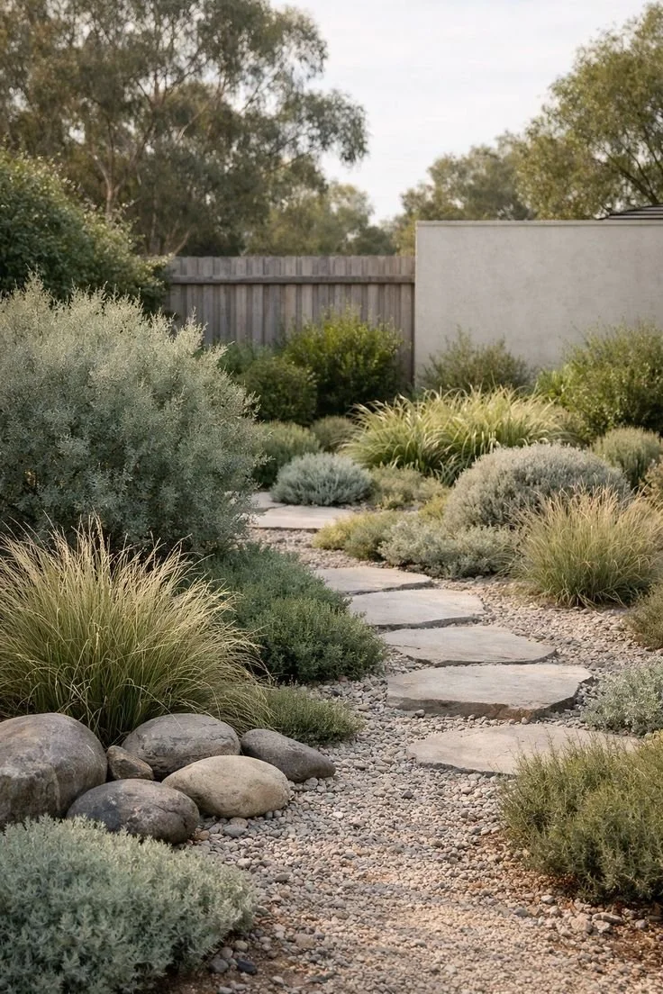 A gravel and stone pathway winding through a desert-style garden with various drought-tolerant plants and bushes, enclosed by a wooden fence and neighboring house with trees in the background.
