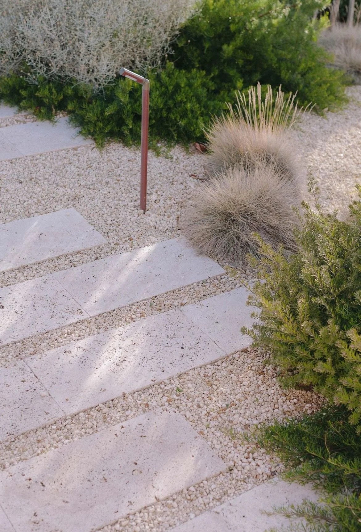 A pink metal garden stake in a desert landscape with small white rectangular stone pavers and gravel, surrounded by various green and dry desert plants.