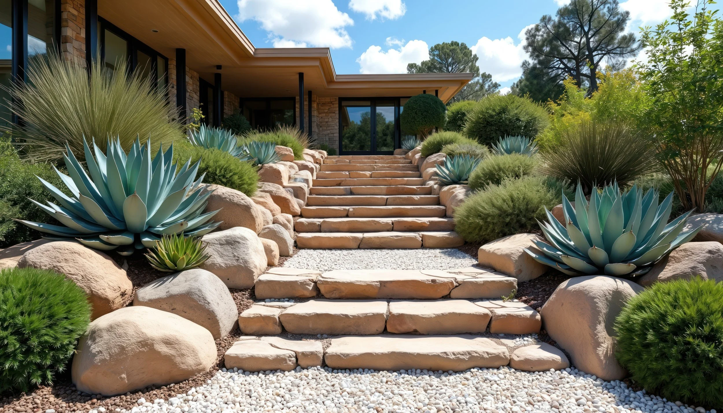 Stone staircase leading up to a modern house with large glass doors, surrounded by desert plants and rocks, with a blue sky and trees in the background.