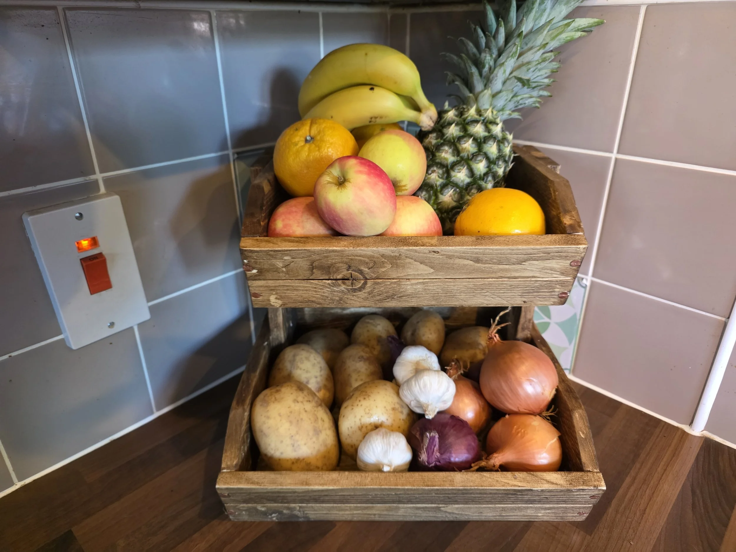 Rustic Farmhouse Kitchen Stand – 2-Tier Wooden Basket for Fruit, Veggies & Bread