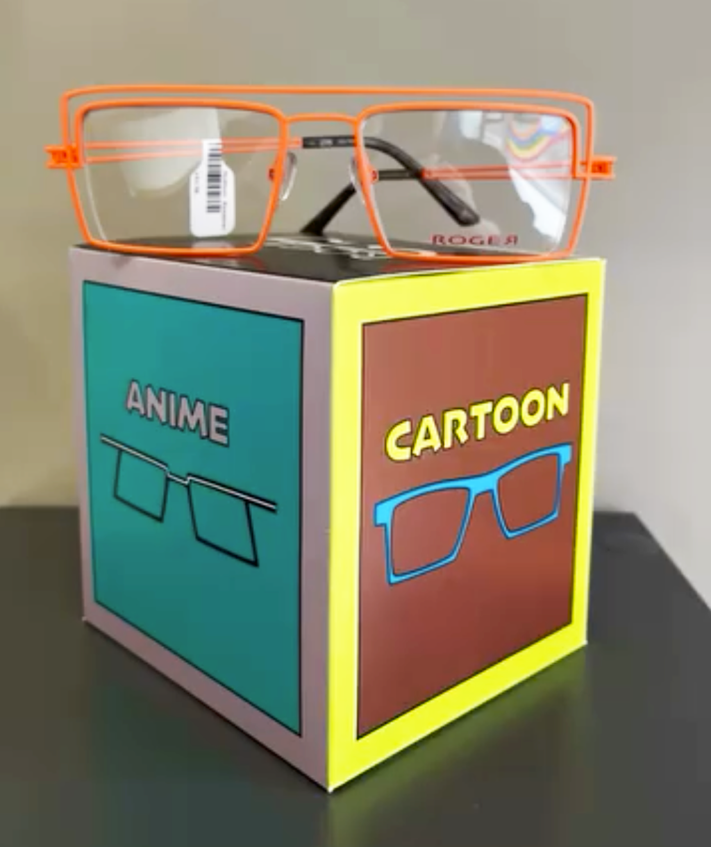 Roger glasses – cartoon. A fun pair of glasses for sale at Thomas and Holloway Opticians