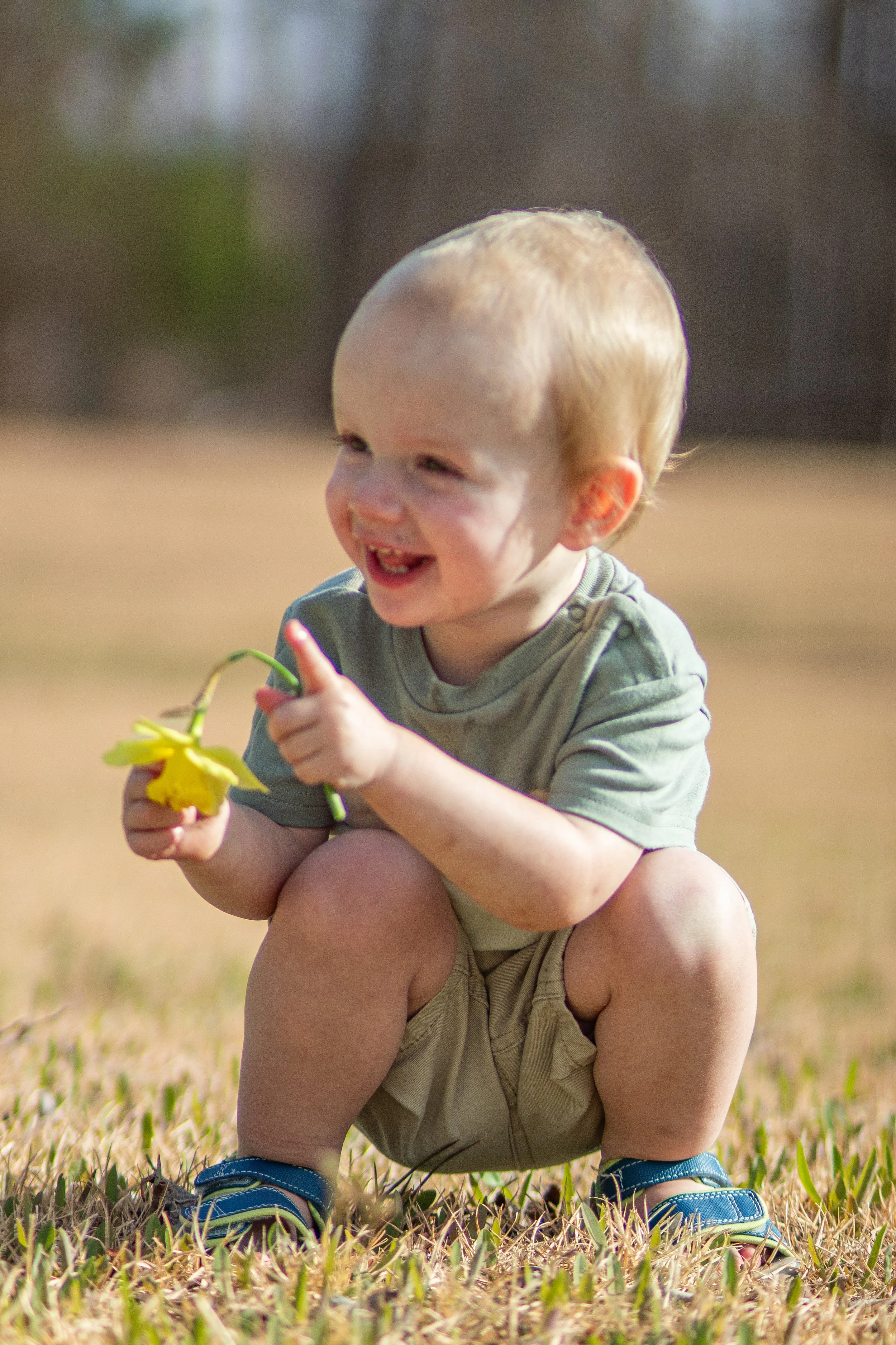 Smiling toddler wearing a green shirt and tan shorts, squatting on grass, holding a yellow flower, outdoors in sunlight.