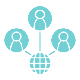 Diagram showing a central globe connected to four human figures, representing global networking or teamwork.