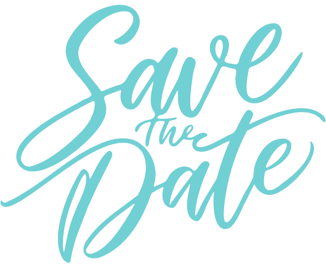 Stylized blue watercolor text that says 'Save the Date' on a black background.