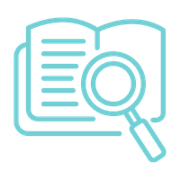 Icon of an open book with a magnifying glass over it, representing research or reading.