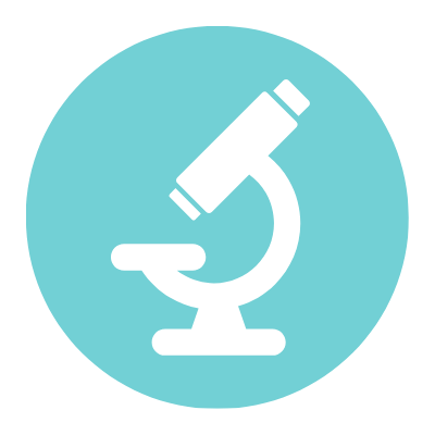 Icon of a microscope on a blue circular background.