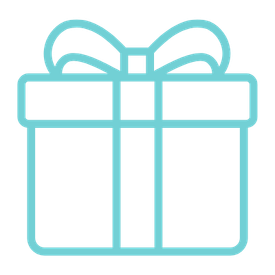 Line drawing of a gift box with a ribbon and bow on top.